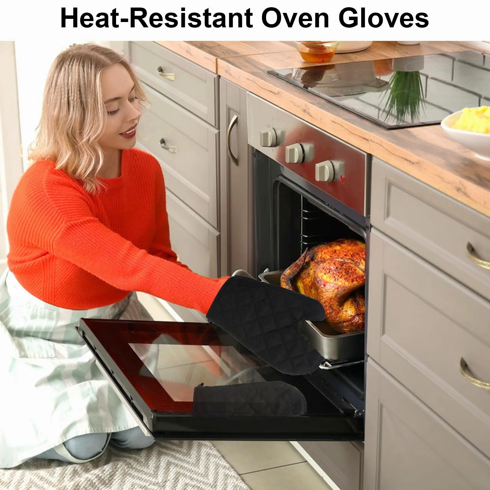 DELAESI Guanti da Forno Professionale Set di 4 Guanti da Forno e Presine in Cotone Nero Resistenti al Calore e Antiscivolo