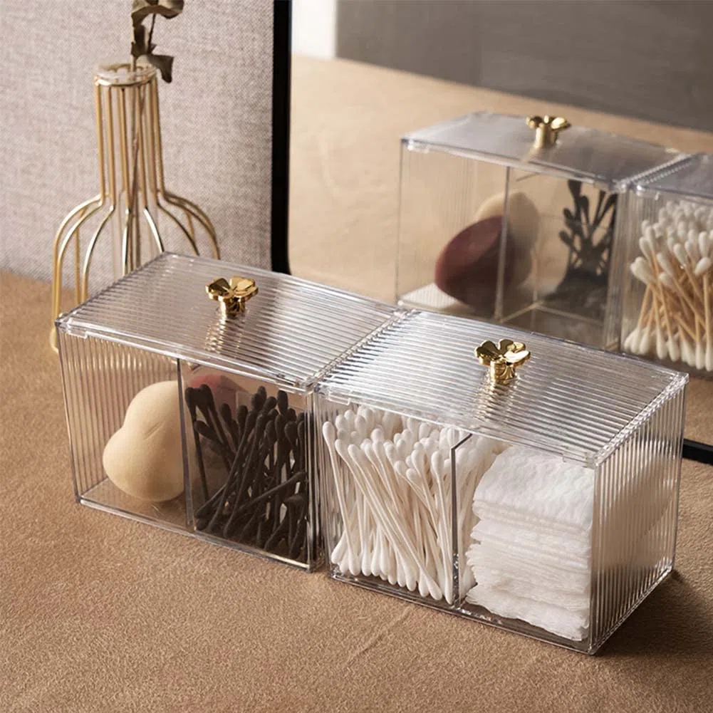 Porta Dischetti Struccanti, Organizer da Bagno per Cotton Fioc Trucchi, Portaoggetti, Trasparente in Acrilico per Toeletta Camera Letto