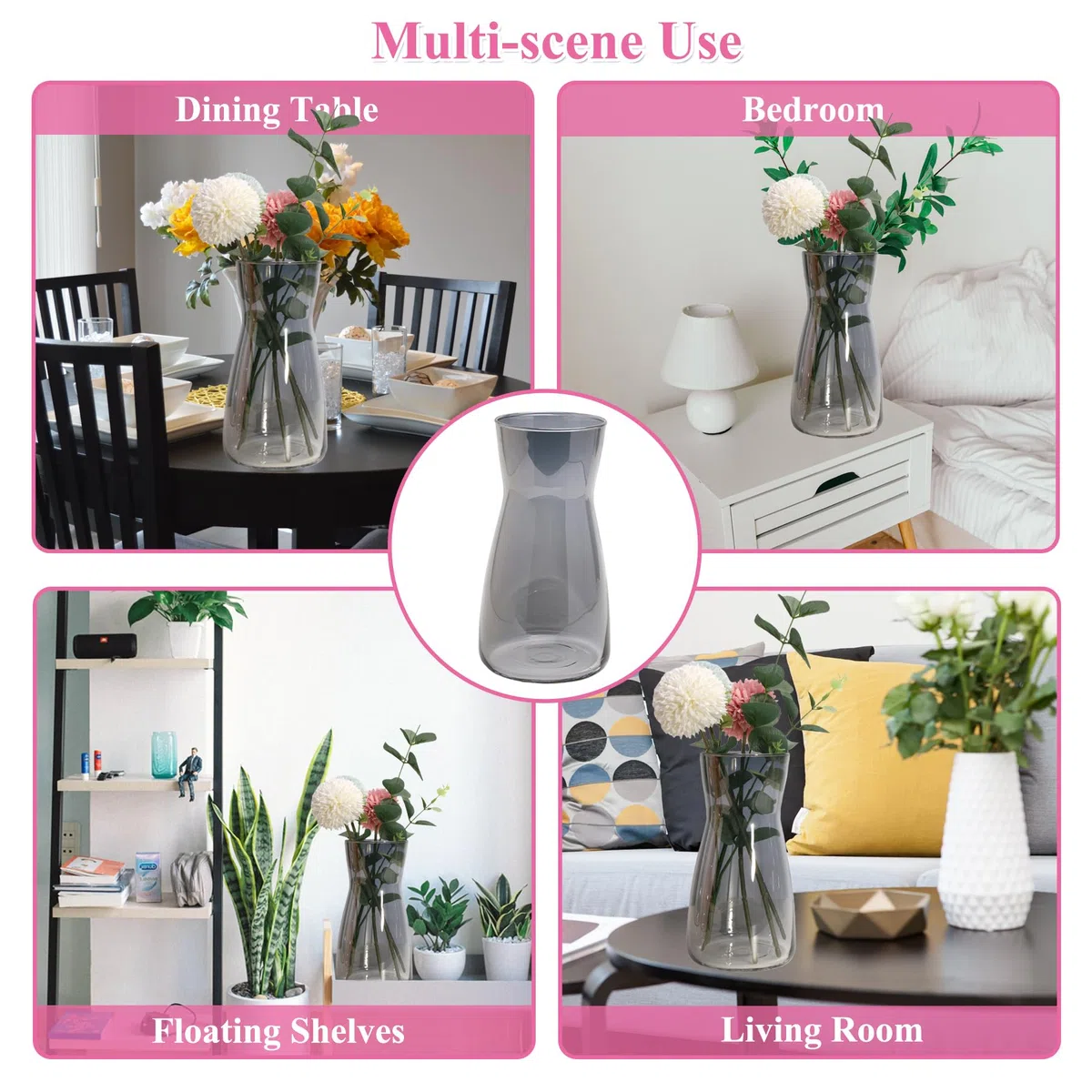 Vaso per fiori in vetro trasparente, alto 20 cm, per decorazione da tavolo, vaso decorativo per erba della pampa, tulipani, orchidee, rose, fiori secchi (grigio fumo)