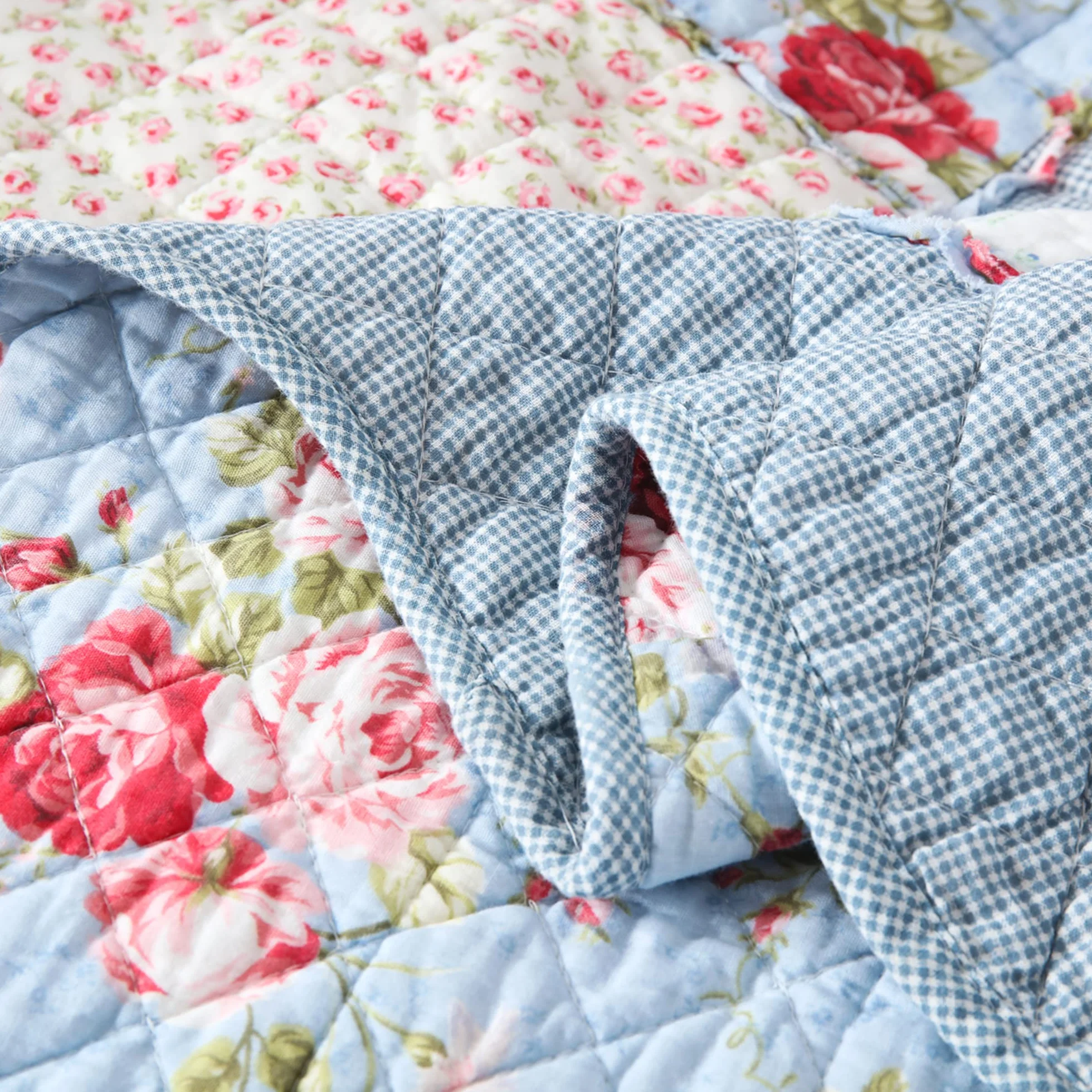 Qucover Patchwork Copriletto, Trapuntato Singolo 150x200 cm,Trapuntino per Primaverile Estivo Coperta in Cotone Shabby chic Stile Country Blu Floreale