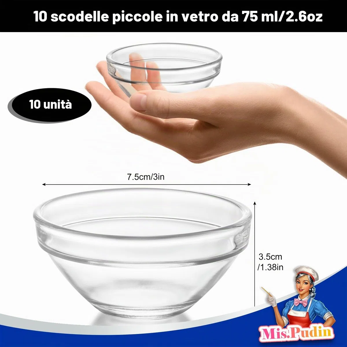 10 Pezzi Ciotole in Vetro, Ø 7,5 cm, Ciotole Vetro Piccole 75 ml, Ciotoline per Salse, Mini Ciotoline per Aperitivo, Coppette Macedonia Piccole, Mini Ciotola Cuisine