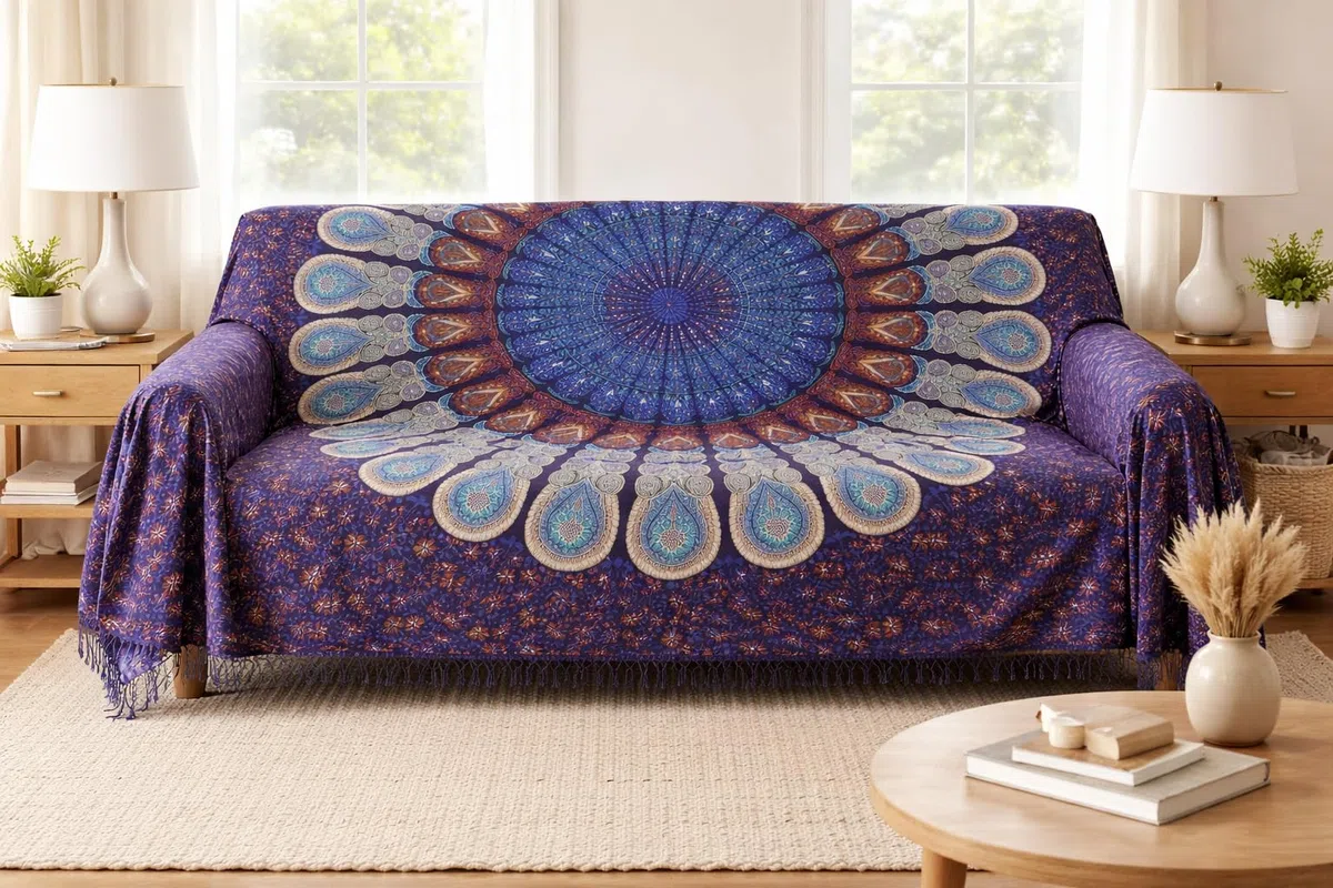 Telo Copritutto Mandala 210x240 cm, Copridivano 3 Posti Boho Indiano in Cotone, Multiuso per Mare, Picnic, Arazzo da Parete, Casa e Viaggio