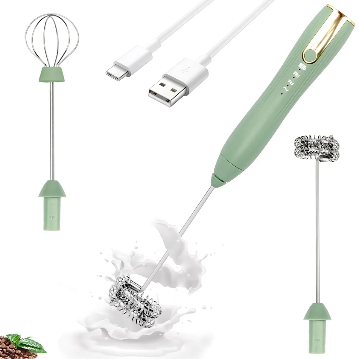 TonJin Frusta doppia frusta montalatte portatile USB-C ricaricabile elettrico per bevande verdi, 3 velocità regolabili, frusta per latte, matcha, cioccolata calda, uova, matcha
