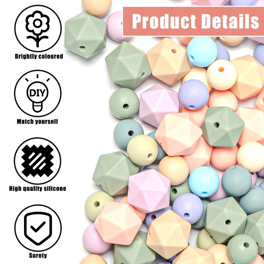 140 Pezzi Perline di Silicone Perline Rotonde Colorate Perle di Silicone Esagonali per L'artigianato fai da te