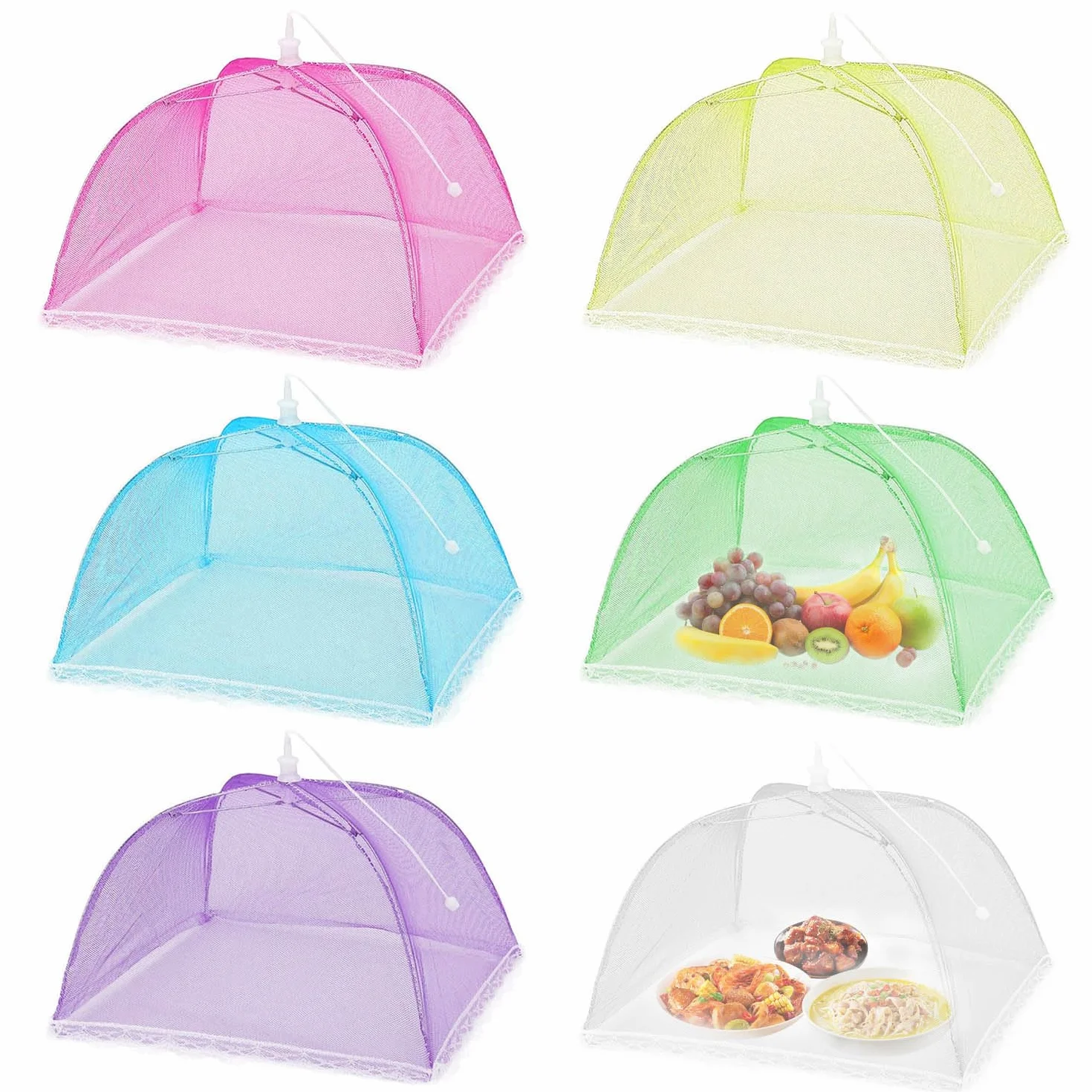 Lovesmile Coprivivande, 6 Pezzi Ombrellini Coprivivande, Coprivivande in Rete, Copri Cibo da Mosche, Pieghevole Rete per Alimenti Adatto per Proteggere Cibo Frutta Barbecue(6 Colori)