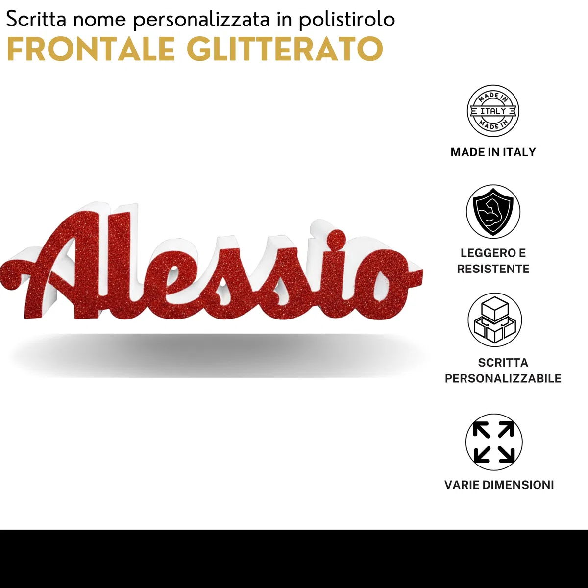 Scritta Nome Personalizzabile in Polistirolo Glitterata 55x15x5 cm Decorazione Made in Italy Ideale per Feste,Matrimonio,Battesimo,Comunione,Idee Regalo Personalizzabili