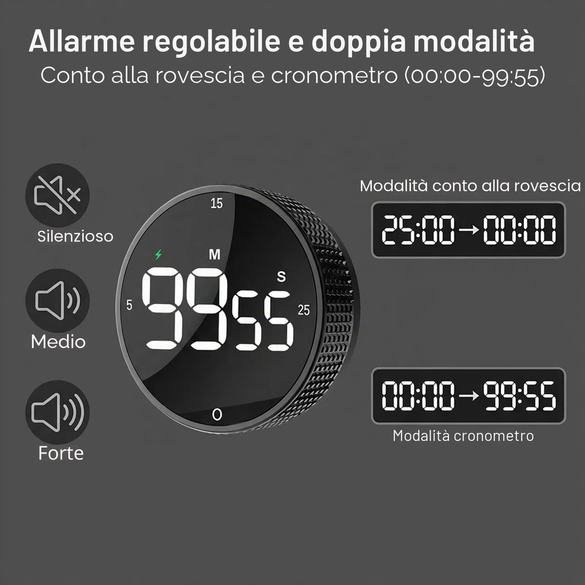 Timer da cucina digitale magnetico ricaricabile con grande schermo LED, allarme forte, 3 impostazioni predefinite (5/15/25 min), 3 livelli di volume, ideale per cucina, fitness e ufficio (nero)