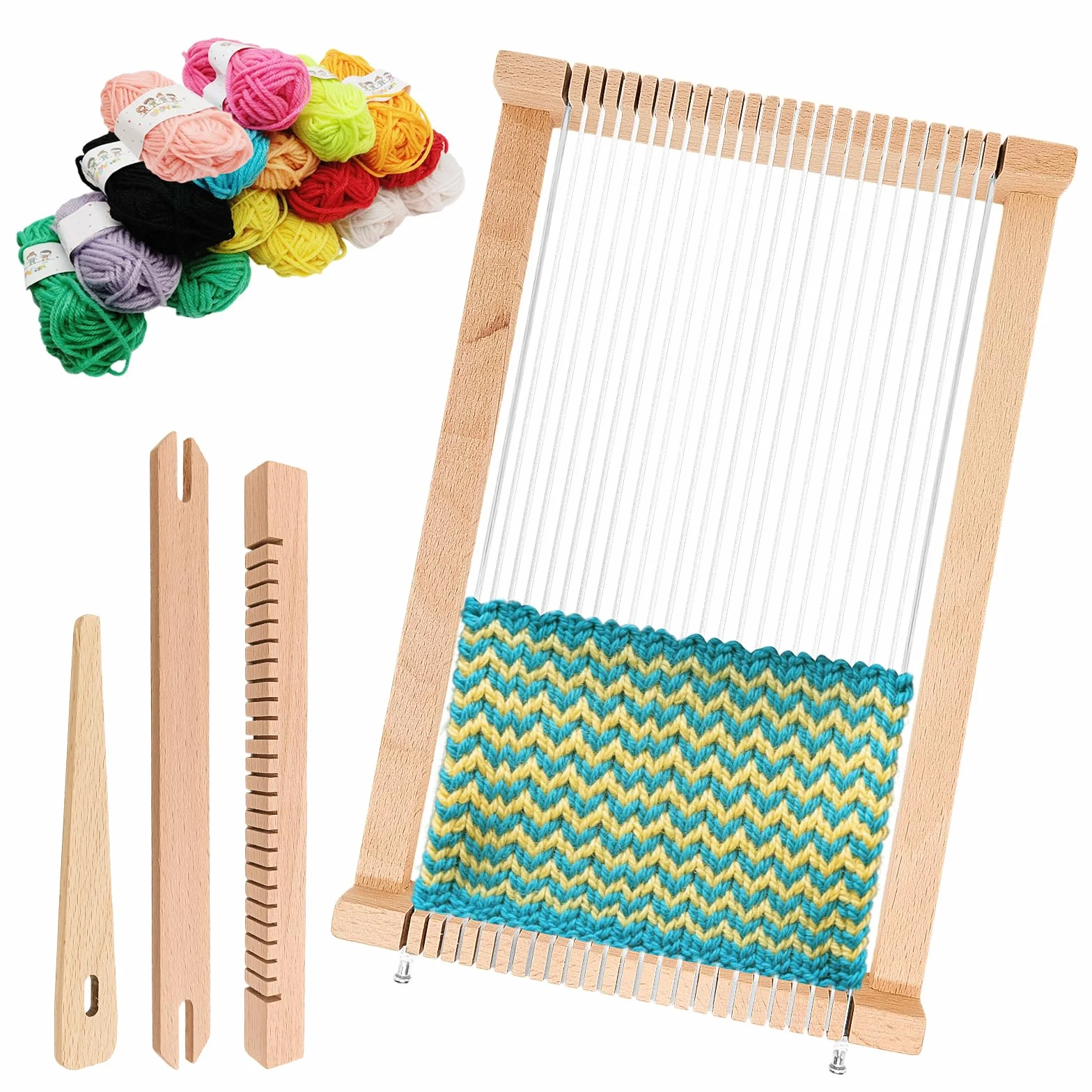SINRAD Telaio Per Bambino,Telaio in legno per Tessitura, Compatto small foot in legno,Navetta e Lana Filata per Principianti e Bambini - Dimensioni 29 x 19 cm