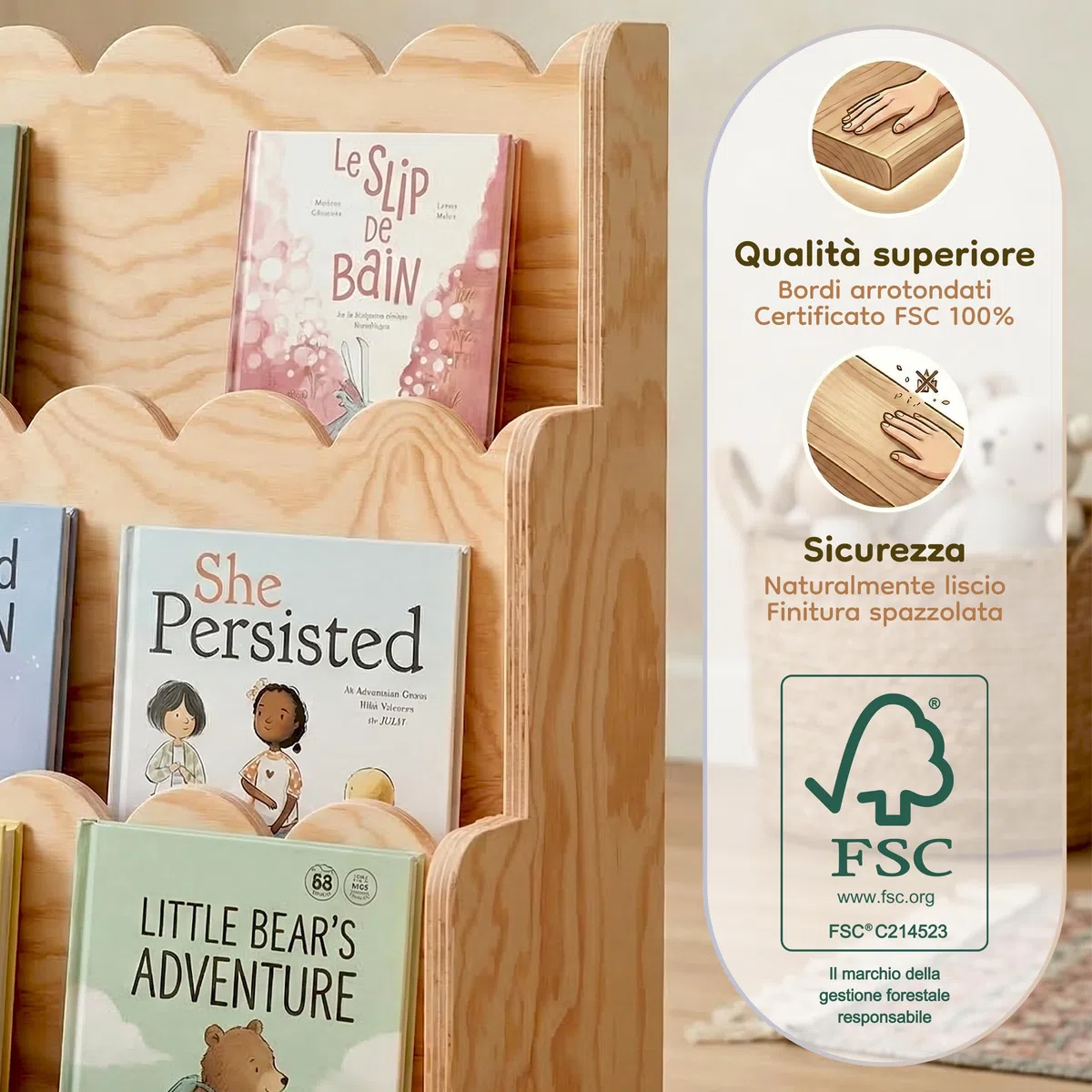 smartwood Libreria Montessoriana per Bambini - Scaffale per Cameretta con 3 Scomparti di Pino Certificato FSC per Libri e Giocattoli 64x31,5x71 cm - Struttura Stabile e Montaggio Facile - LULU