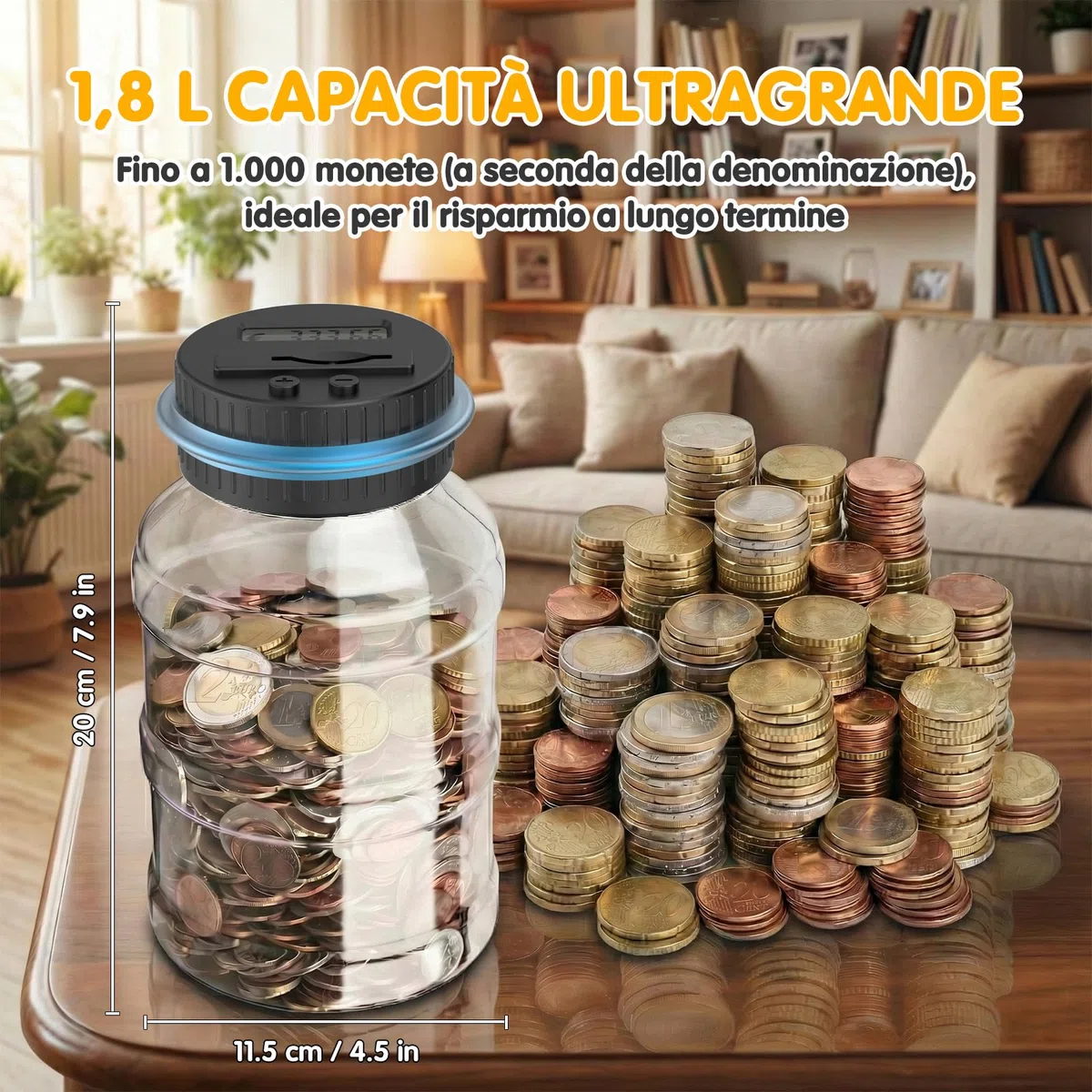 Pup Go Salvadanaio Elettronico Digitale Trasparente con Display LCD, Grande Capacità da 1.8L Euro Contasoldi, Contamonete Apribile per Bambini e Ragazze, Gigante Contatore Monete Automatico per Adulti