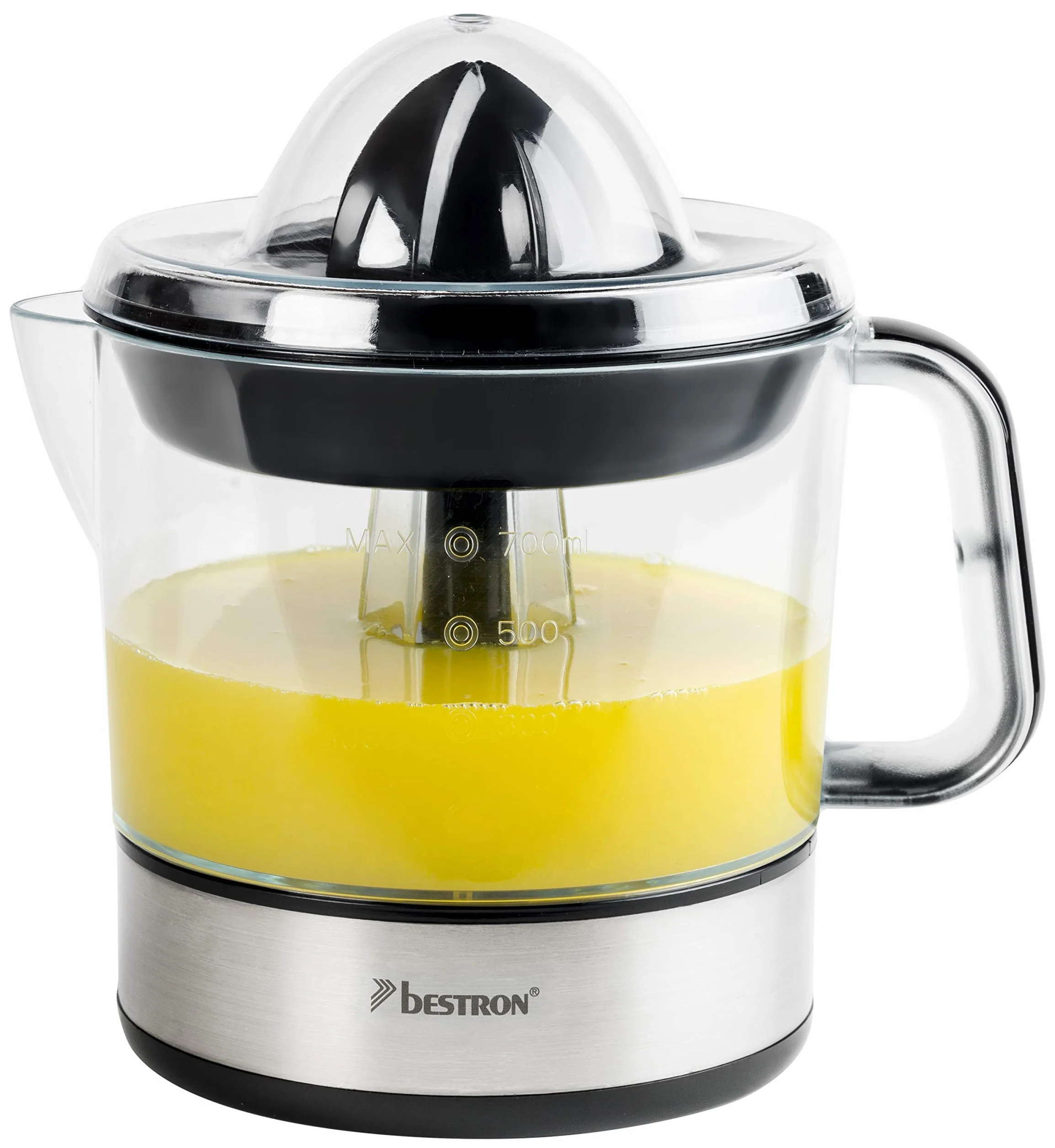 Bestron Spremiagrumi elettrico, Spremi agrumi elettronico con 2 coni di spremitura e coperchio per aromi, motore con due sensi di rotazione (sinistra/destra), capacità: 0,7 litri, 40 watt, argento