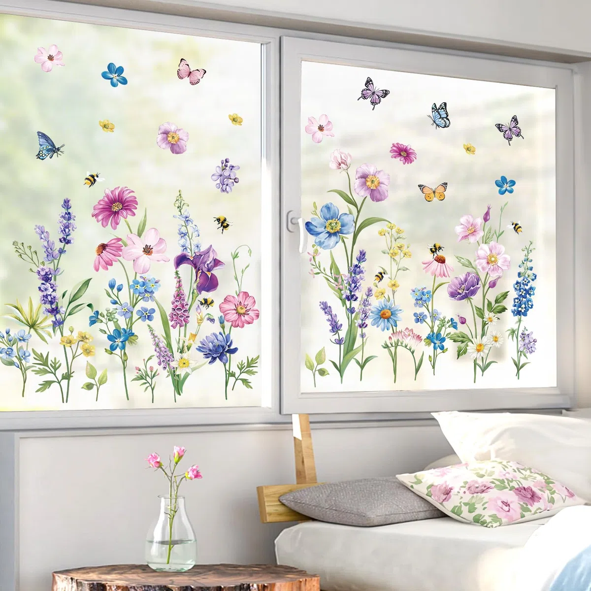 decalmile Adesivi per Finestra Primavera Fiori Decalcomanie per Finestre Non Adesiva Vetro Pellicola Fiore Viola Farfalle Adesivi Anti-Collisione Finestra Vetro Camerette Bambini Cucina