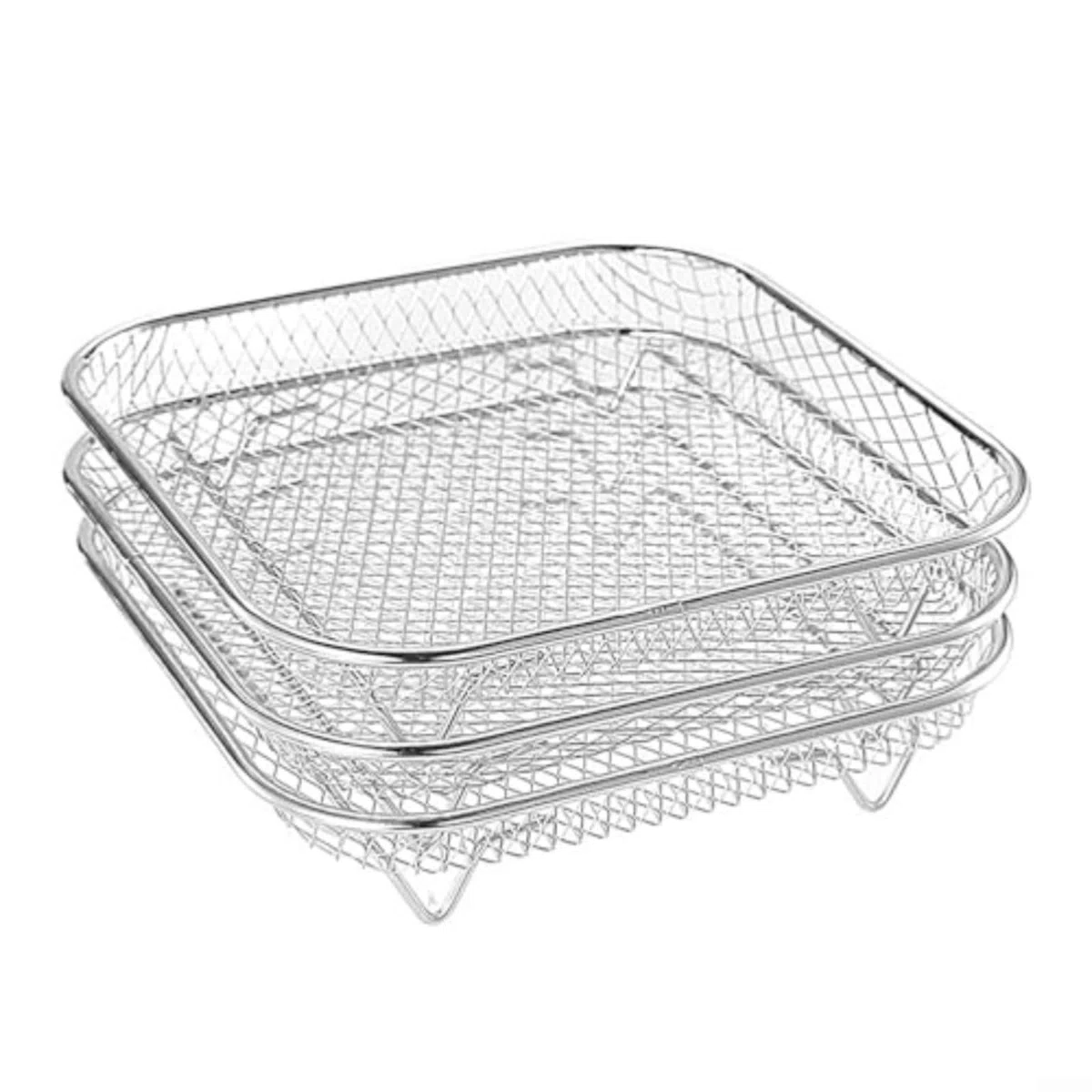 Griglia per friggitrice ad aria in acciaio inox a 3 livelli, 20,3 cm, impilabile, con pinze, da cucina, argento