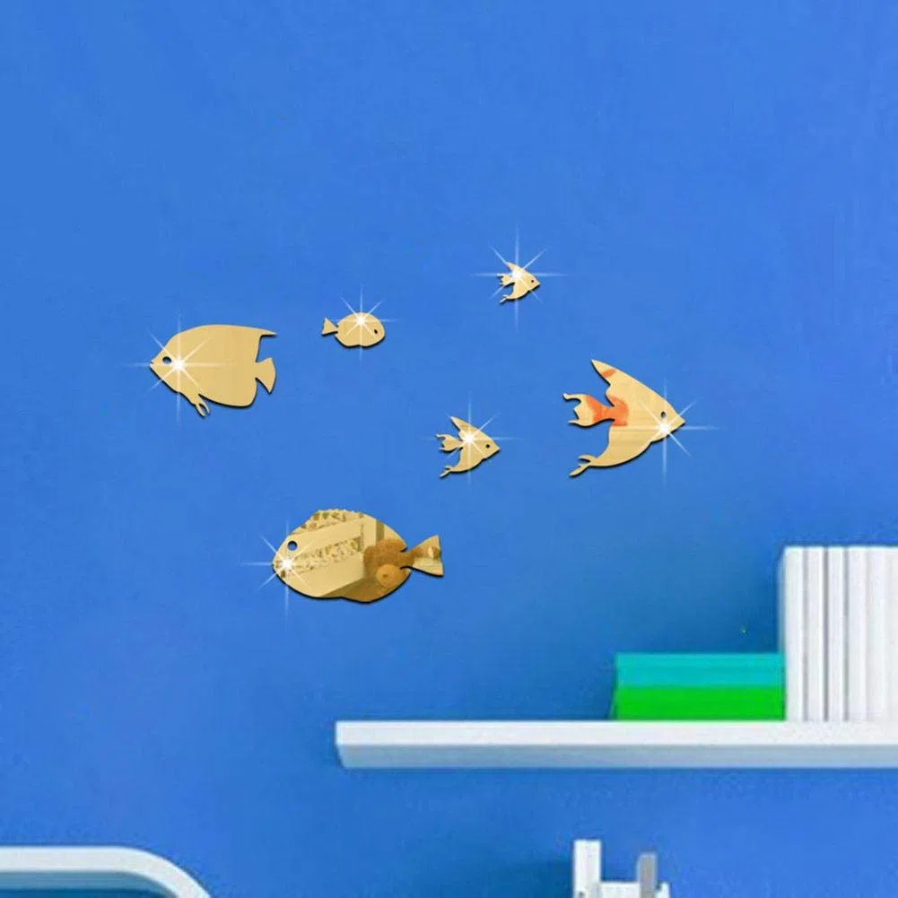 Fdit Adesivi Murali 3D, Pesce Tropicale Effetto Specchio Adesivi Murali, Adesivi Murali Removibile DIY per Decorare Bagno, Camera da Letto, Soggiorno e Baby Room, Argento