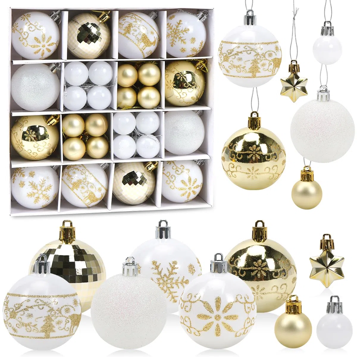 Palline di Natale Oro e Bianco, 44 Pezzi Decorazioni Albero di Natale, Palline Albero Natale, Addobbi Natalizi per Albero, Palle e Stelle dell'Albero di Natale, Appendere Addobbi Natalizi