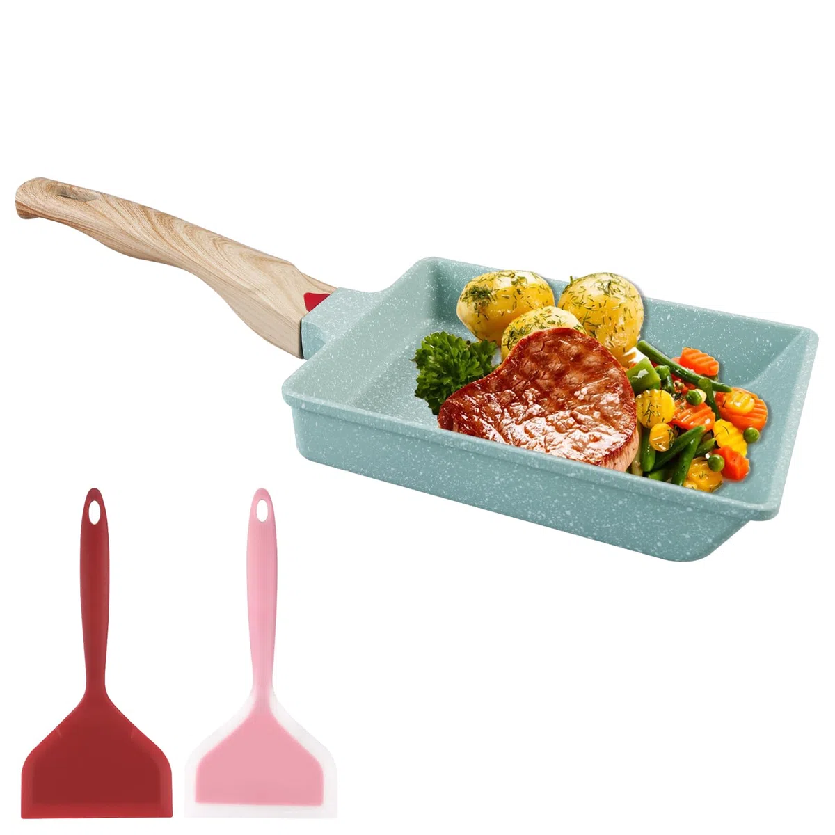 Padella per frittata giapponese, Tamagoyaki con spatola in silicone e pennello, antiaderente per omelette giapponesi, per tutti i piani cottura, verde, 16 x 20 cm