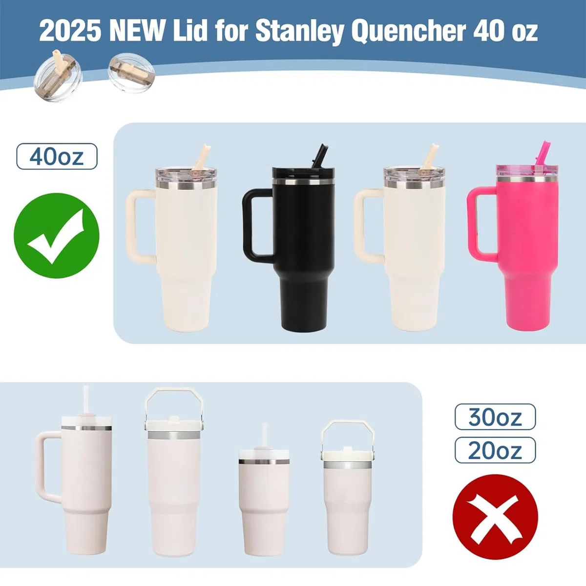 Compatibile con Stanley Cup, 2 pezzi coperchio di ricambio per Stanley da 40 oz,senza perdite, coperchio in cannuccia sostituibile, con 2 cannucce, copertura riutilizzabile per accessori Stanleies Cup