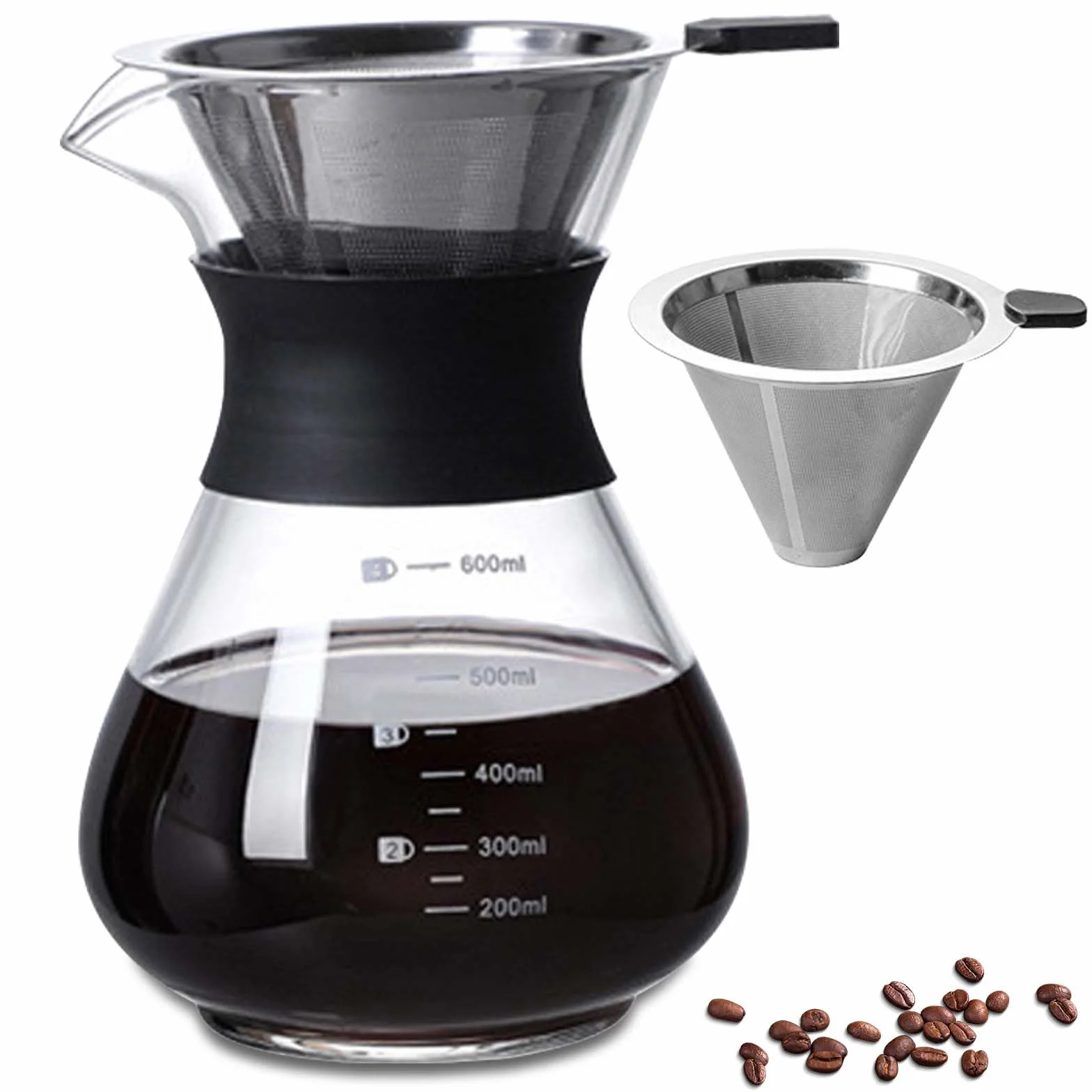 Pour Over - Caffettiera da 600 ml, per caffè con filtro, a mano, in acciaio inox, filtro a mano, in vetro, con filtro permanente, per la casa, il caffetteria, il ristorante e il campeggio, colore nero