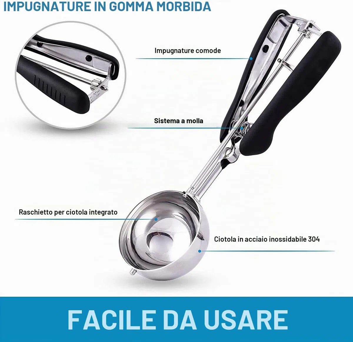 Cucchiaio per Gelato 4 cm, 5 cm o 6 cm - Porzionatore Paletta in Acciaio Inox per Gelato, Biscotti - Dosatore (5 cm)