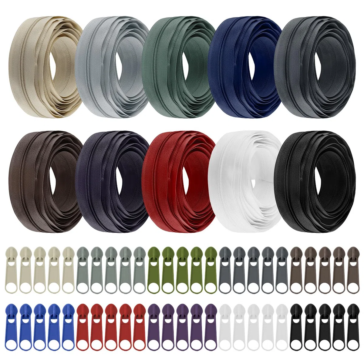 QWORK® Set di cerniere in nylon da 2.6 cm, cerniere a 10 colori con cursore e cerniera,per cucito e artigianato, 30 m totali