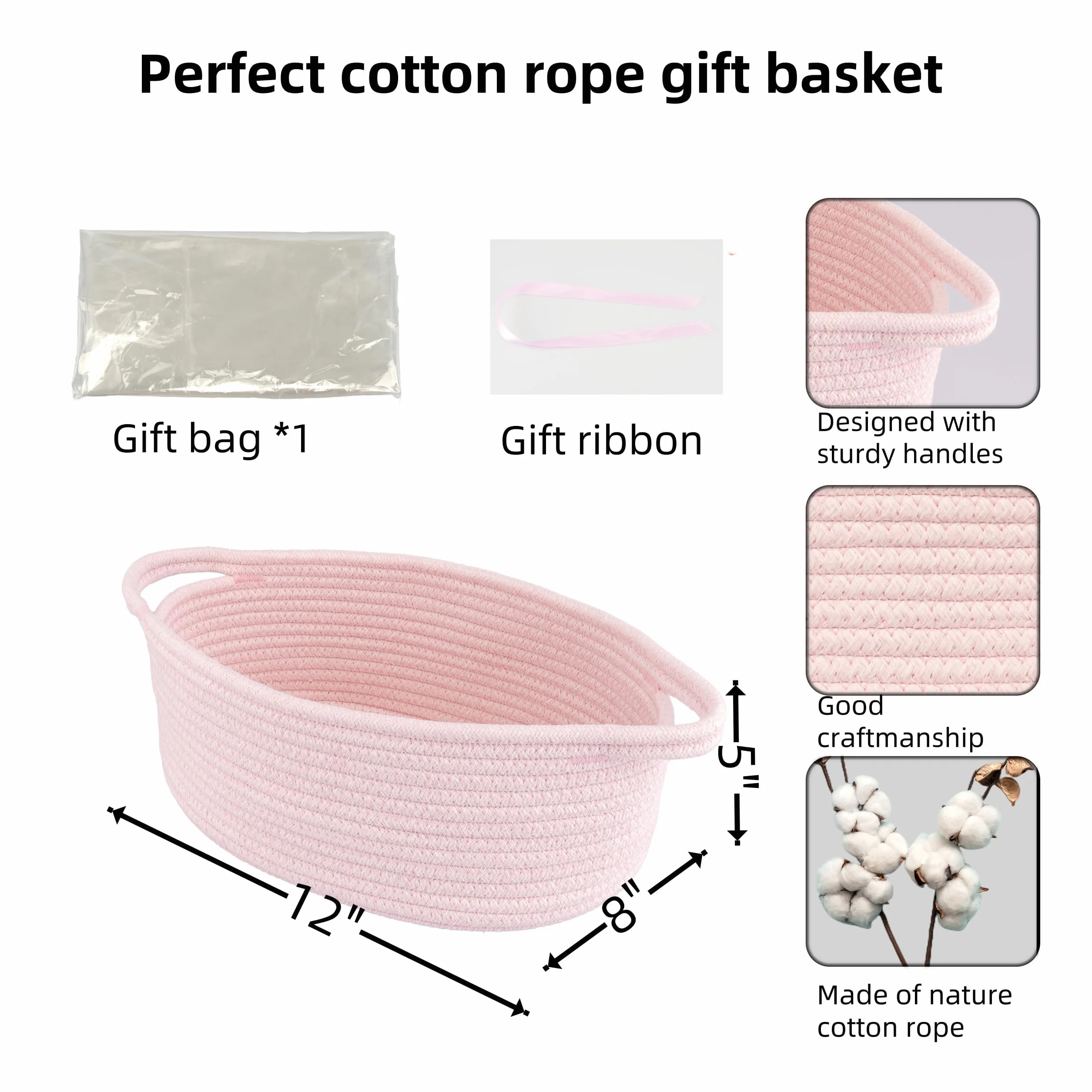 Scatola regalo vuota rosa viene fornito con sacchetto regalo e nastro rosa, adatta per baby shower, Pasqua, bomboniere, regali neonati cestino, Cestino in corda di cotone con manici 30x20x12 cm