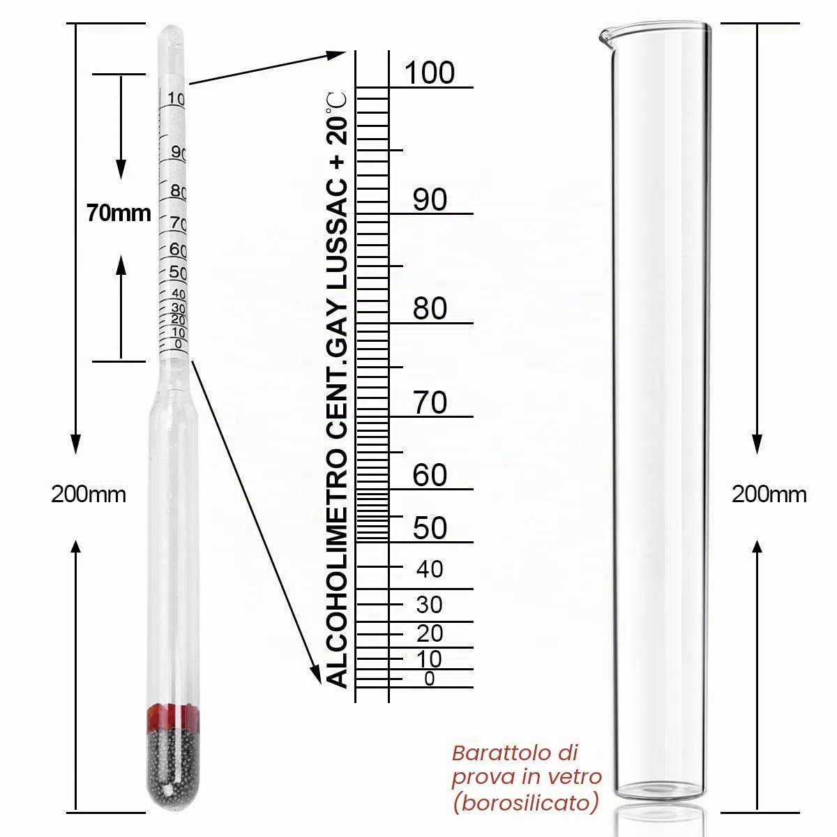 2 Pezzi 0-100Vol% di idrometro Alcoholmeter Tester Set Alcohol Vinometer + Cilindro in Vetro Trasparente Alto, Per Grappa, Distillati,Whisky, Brandy, Wodka, Spirito(Senza termometro)