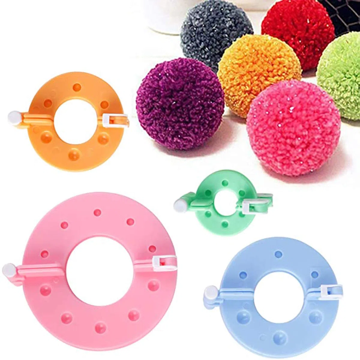 Strumento per creare pompon fai da te, per artigianato, decorazioni, regali, colori: rosa, blu, giallo, verde, 8 pezzi