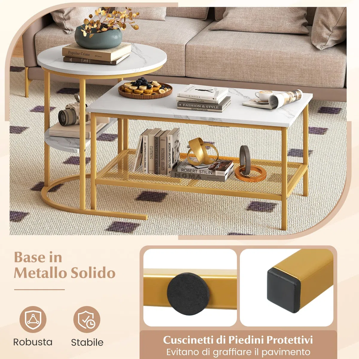 COSTWAY Set di Tavolini da Caffè Componibili, 2 in 1 Set di Tavoli Rimovibili con Piano in Marmo Sintetico, Tavolino Rotondo e Tavolino Rettangolare per Salotto e Camera da Letto (Oro)