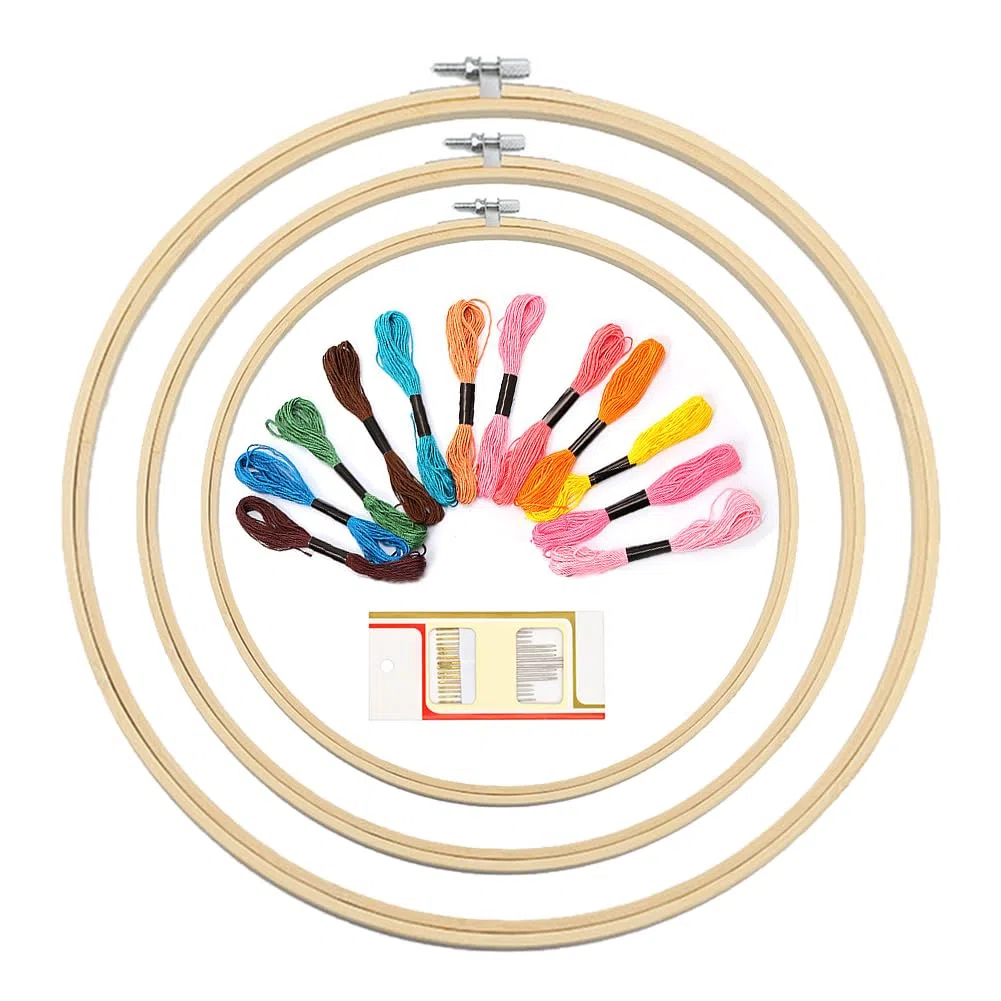 Telaio da Ricamo, Cerchi da Ricamo, Punto Croce Cerchi, Cerchio a Punto Croce, 3 Pezzi, Con 1 Scatola di Aghi + 12 Colori di Filo da Ricamo (Colore Casuale)