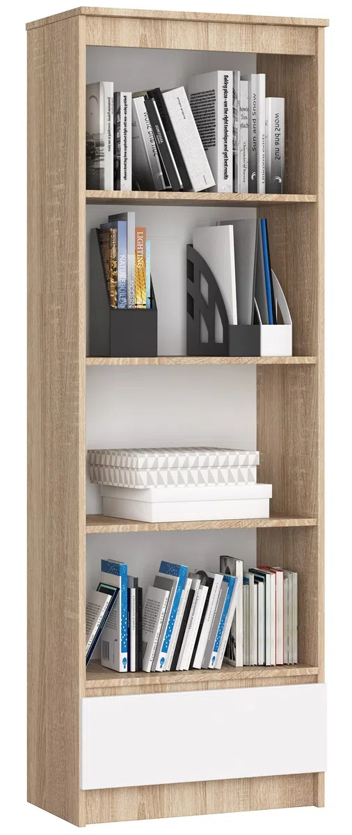 AKORD | Libreria per Ufficio 60 cm | Mobile con 1 Cassetto 4 Ripiani | Porta Libri | Mobiletto Camera de Letto | Scaffale Soggiorno | Salvaspazio | Eiken Sonoma/Wit