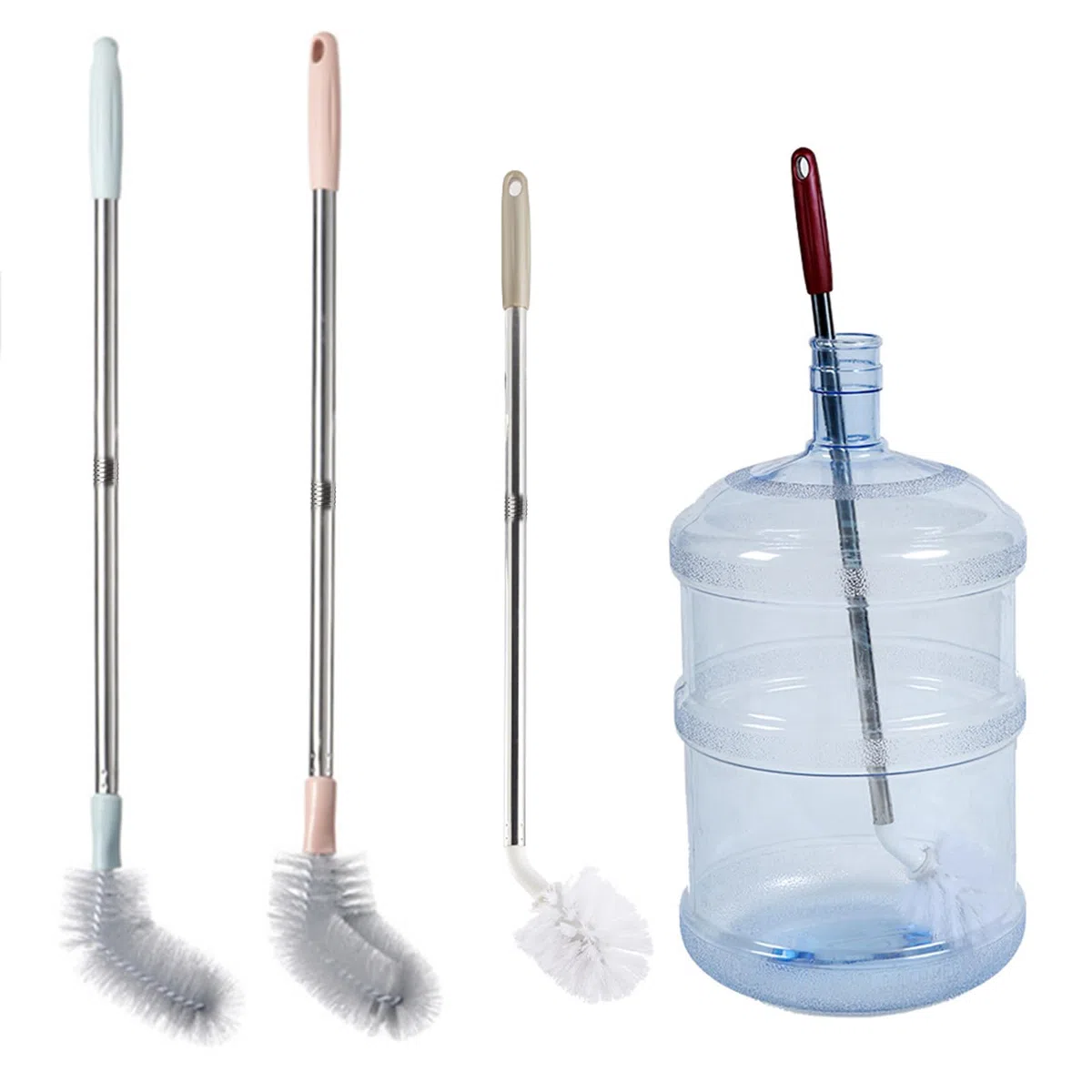 Set di 4 spazzole per bottiglie d'acqua da galloni con setole rigide in nylon e manico in acciaio inox per pulire secchi da 1 a 5 galloni