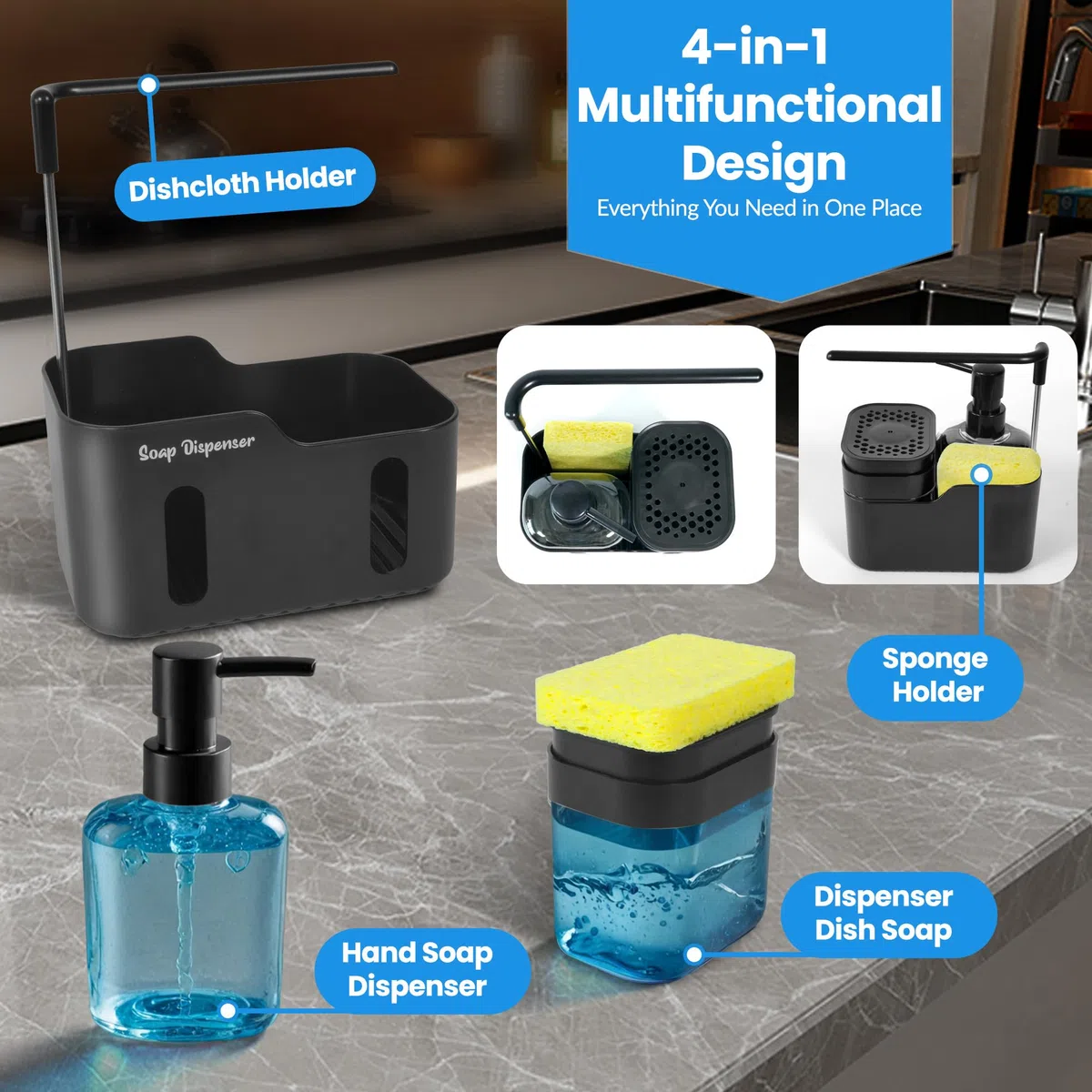 Set doppio di dispenser di sapone per lavello da cucina, dispenser di sapone 4 in 1 per mani e piatti con supporto per spugna, portaspazzole e gancio per strofinacci, design rimovibile e antiscivolo