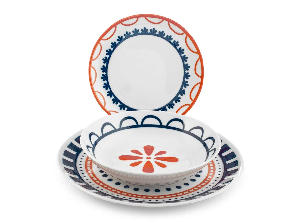 H&H Servizio Piatti 18 Pezzi Zephyra – Porcellana Decorata, Forma Coupe – 6 Piatti Piani 27 cm, 6 Piatti Fondi 23 cm, 6 Piatti Frutta 19,5 cm – Lavabili in Lavastoviglie e Idonei al Microonde