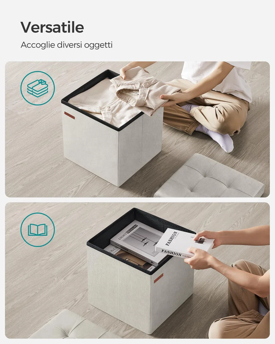 SONGMICS Pouf Pieghevole, Cassapanca in Velluto, Contenitore con Coperchio, Poggiapiedi, 38 x 38 cm, Portata 300 kg, per Corridoio, Soggiorno, Camera da Letto, Bianco Crema LSF227W01