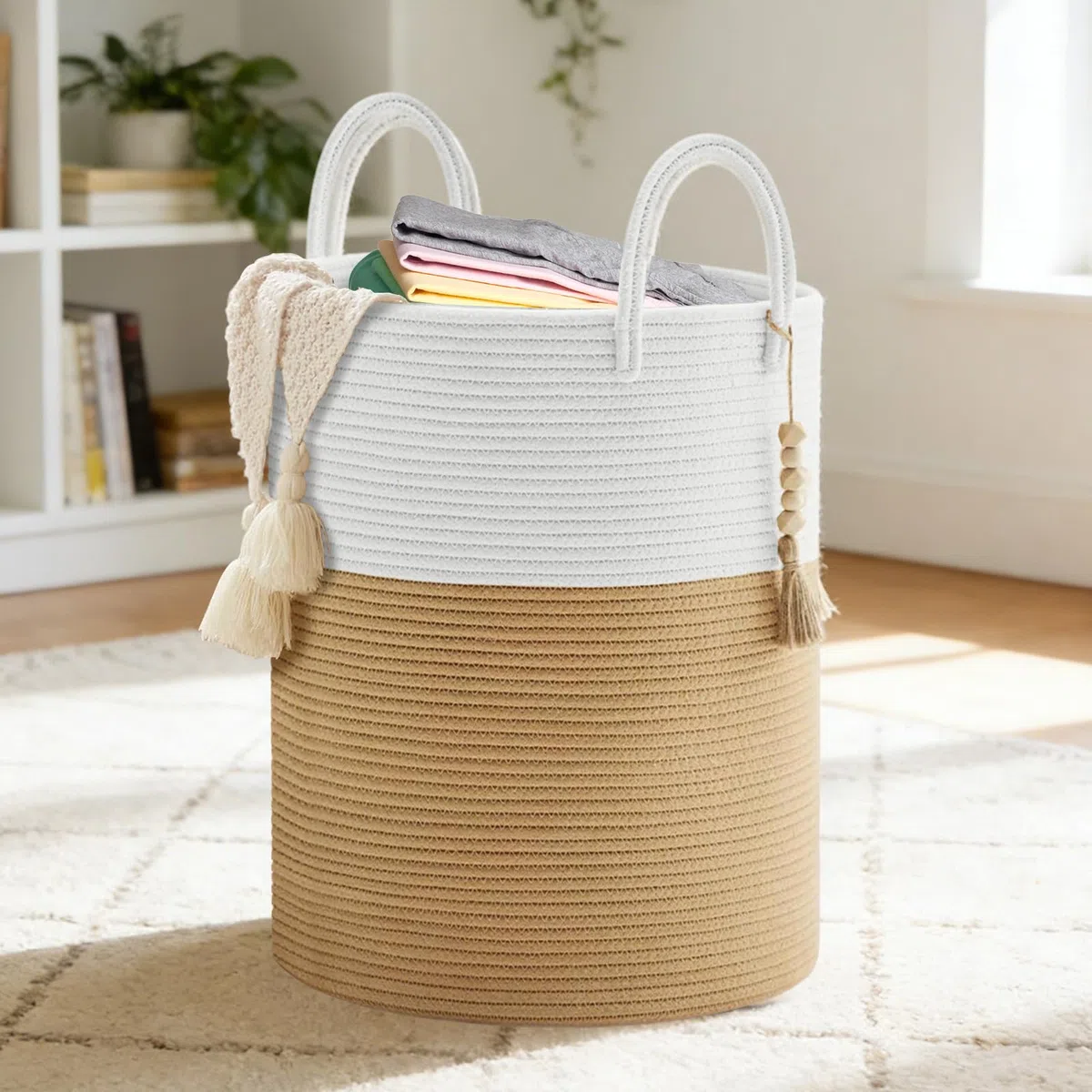 Cesto portabiancheria intrecciato, 50 x 37 cm Cesto Biancheria Sporca con Manici, Portabiancheria Grande, Cesto Pieghevole, Adatto per Lavanderia Bambini Bagno Giocattoli Coperte