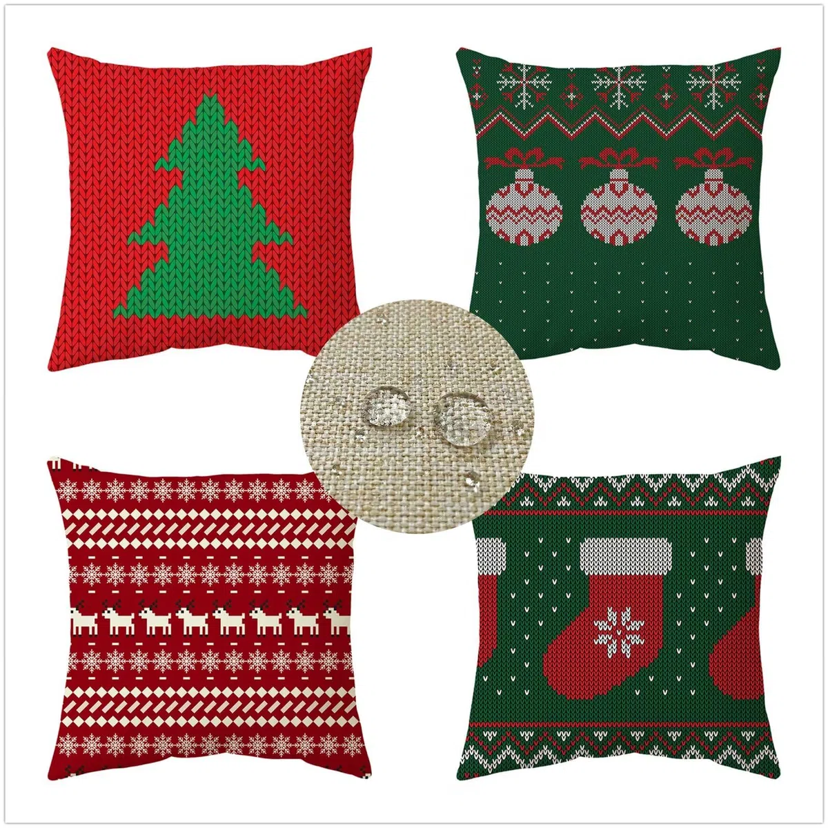 Federe per Cuscini Esterni Impermeabili Lino Copricuscini 65x65cm rosso verde Set di 4, Doppio lato Quadrata Traspirante Cuscini Natale con Zip invisibile, per Divano Giardino Decor Regali T-668