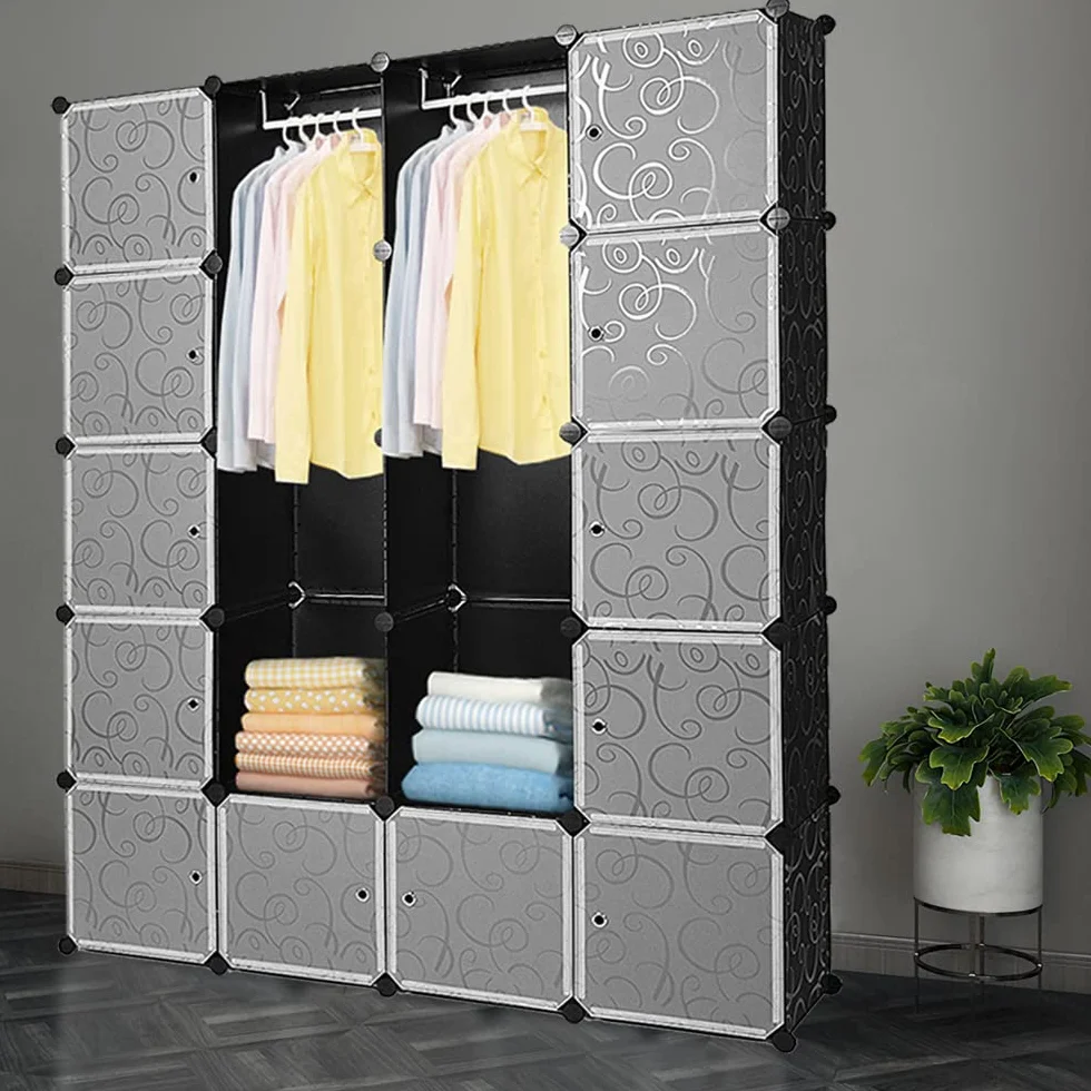 Eulenke Armadio a cubi in plastica: Sistema di 20 cubi resistenti, 2 asta per abiti, 12 porte e guardaroba. Capacità di 10 kg per cubo. Montaggio facile, accessori inclusi.