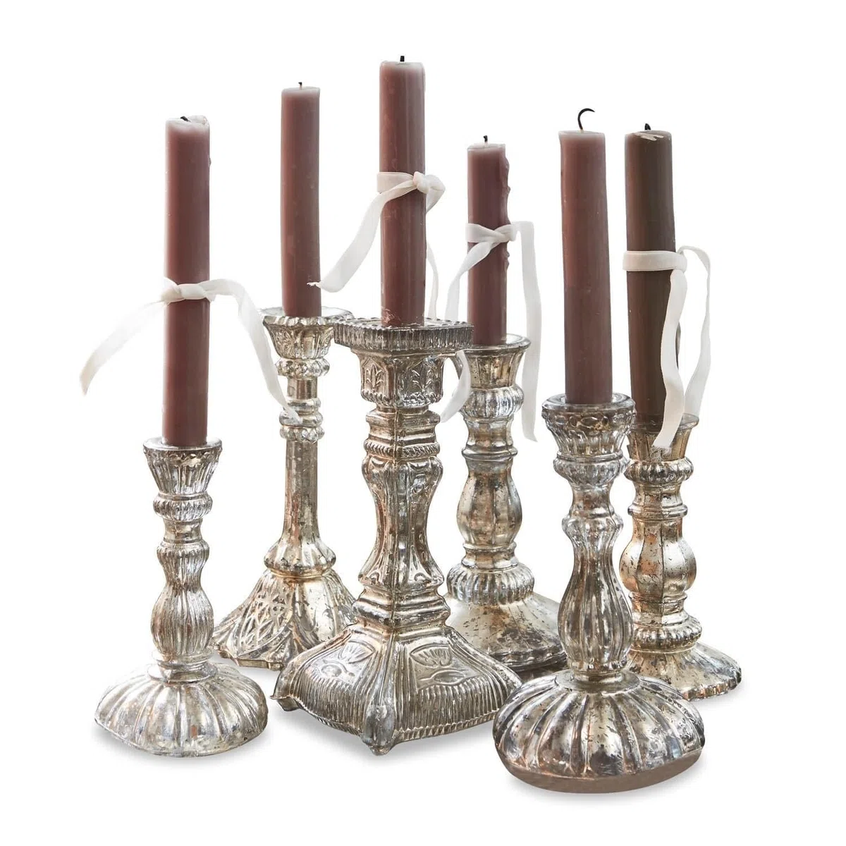 Loberon Adolpha Set di 6 portacandele - Sei Modelli Differenti - Romantico Stile Shabby Chic, Argento Antico