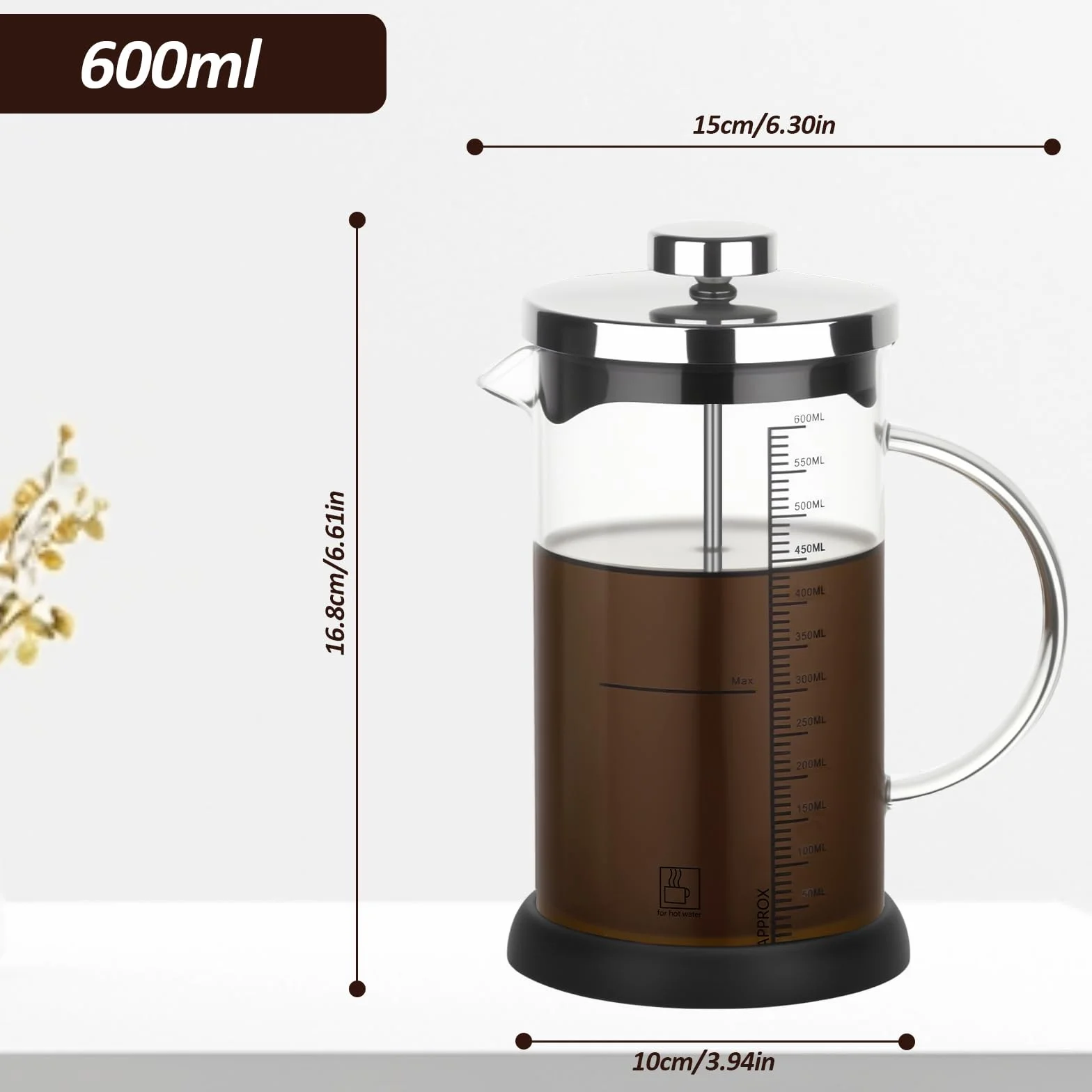 French Press, 600ml French Press Caffettiera Adatta per la Casa o in Viaggio