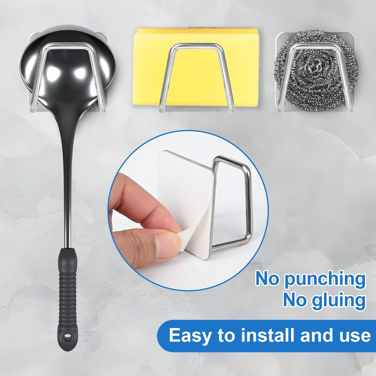 [2 Pezzi] Porta Spugna Lavello Cucina in Acciaio Inox, Portaspugna Autoadesivo 45mm, Ganci Adesivi per Organizzazione Lavello, Porta Spugne Senza Fori per Cucina e Bagno - Argento
