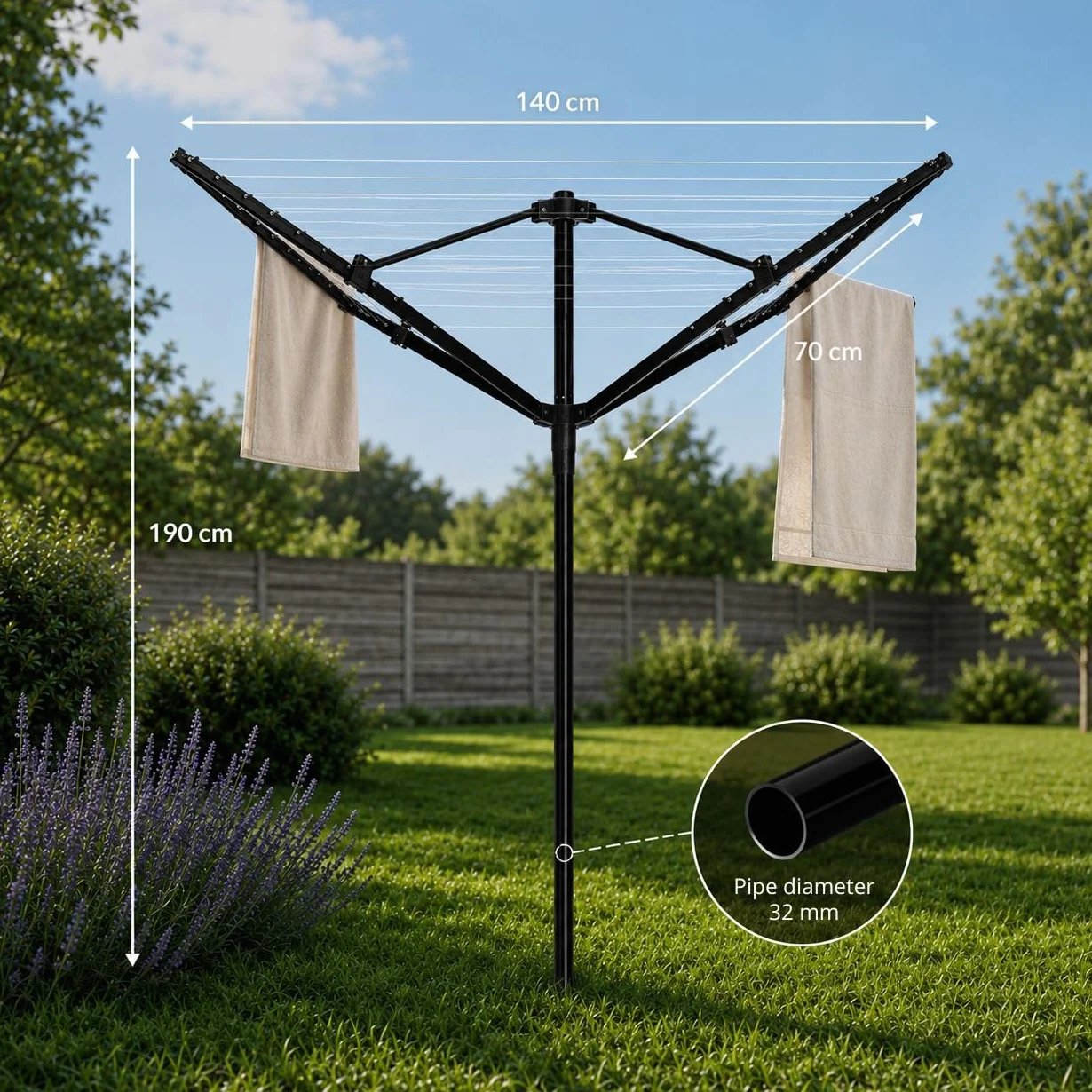 Vonia Stendibiancheria da Esterno 45 m - Stendino Rotativo 4 Bracci in Alluminio, Ancoraggio Metallico Incluso, Fili Retensionabili, Giardino, Nero