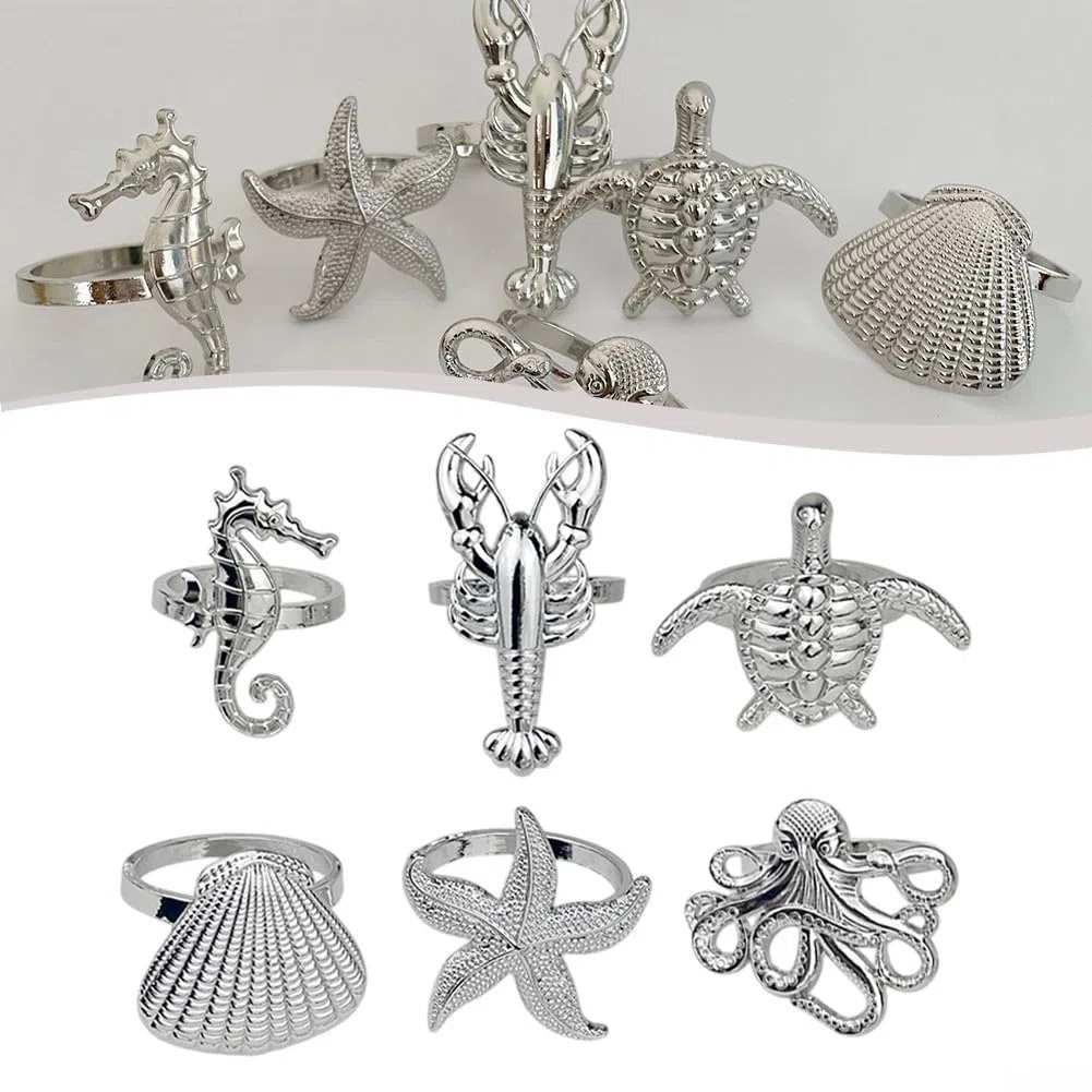 Maritim - Tovaglioli decorativi in metallo, 6 pezzi, motivo: animali marini (argento)