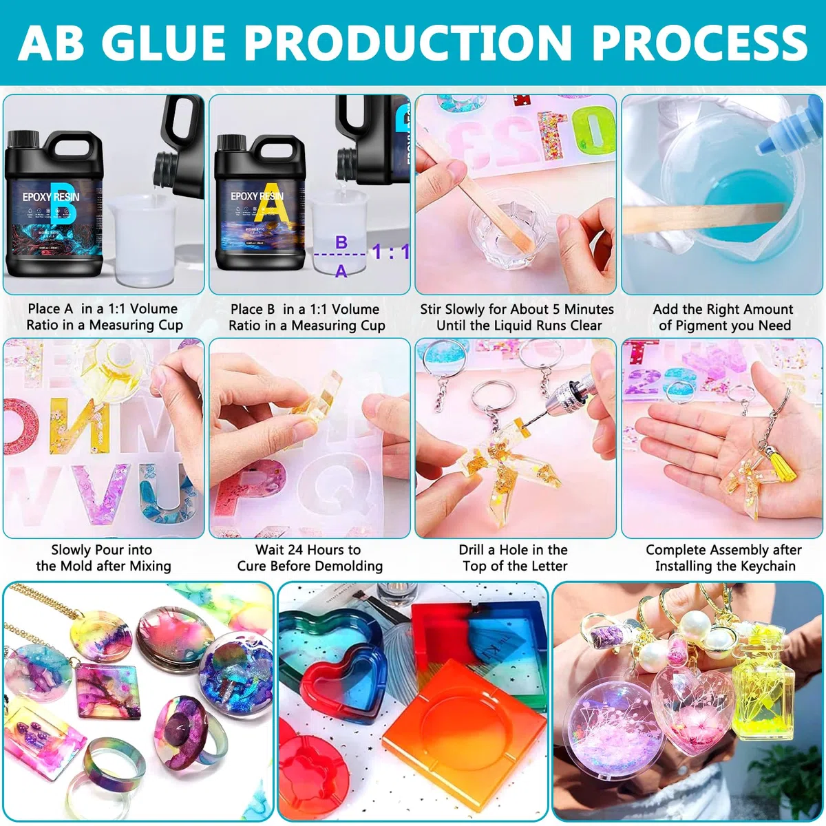 MOYKSRR Resina Epossidica Trasparente Kit Principianti 512ml Completo con Glitter per Creazione Gioielli Fai da Te Legno Pittura Decorazione Artigianale