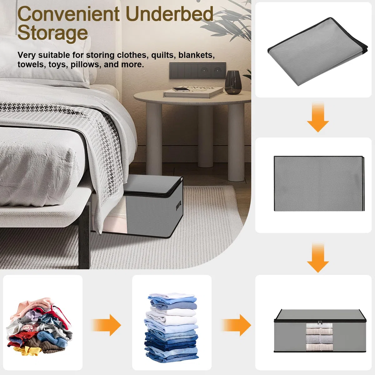 Cozary 3 Pezzi 60L Contenitori Sottoletto, Pieghevole Scatole per Vestiti, Scatole per Armadio con Finestra Trasparente, Contenitori per Armadio Salvaspazio per Vestiti, Biancheria da Letto, Grigio