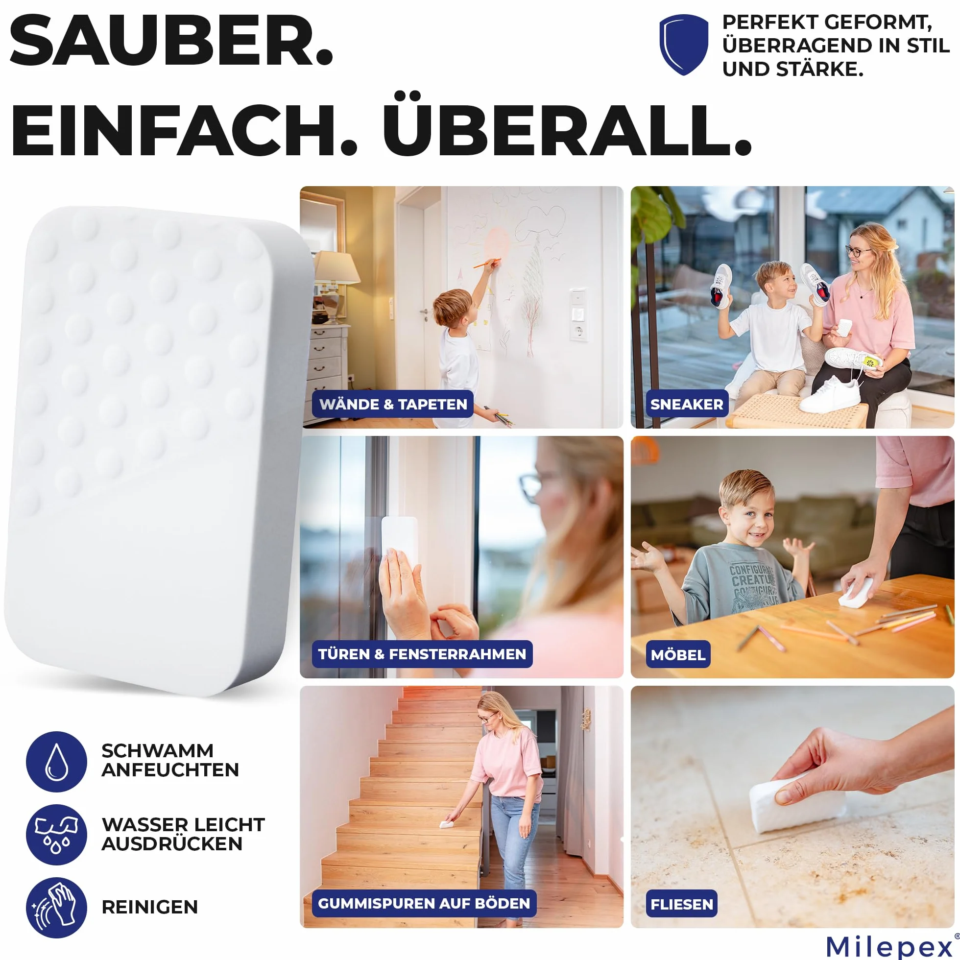 Milepex Gomma per lo sporco [10x] – Spugna di alta qualità per parete, pavimento, sneaker e auto, spugna magica & Magic Eraser per casa, bagno e cucina, extra forte e durevole, solo con acqua