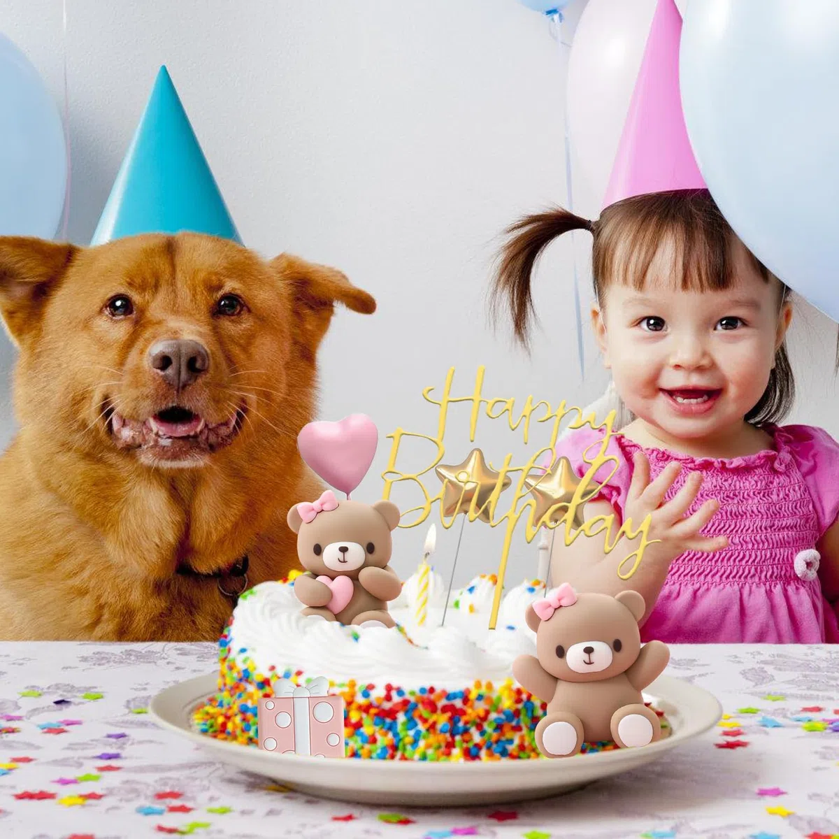 Nizirioo 33 Pezzi Decorazioni per Torte: Decorazioni con Orso Bruno, Compleanno, Topper Foam Ball Torta, Topper per Torta Rosa Set per Baby Shower e Festa di Compleanno