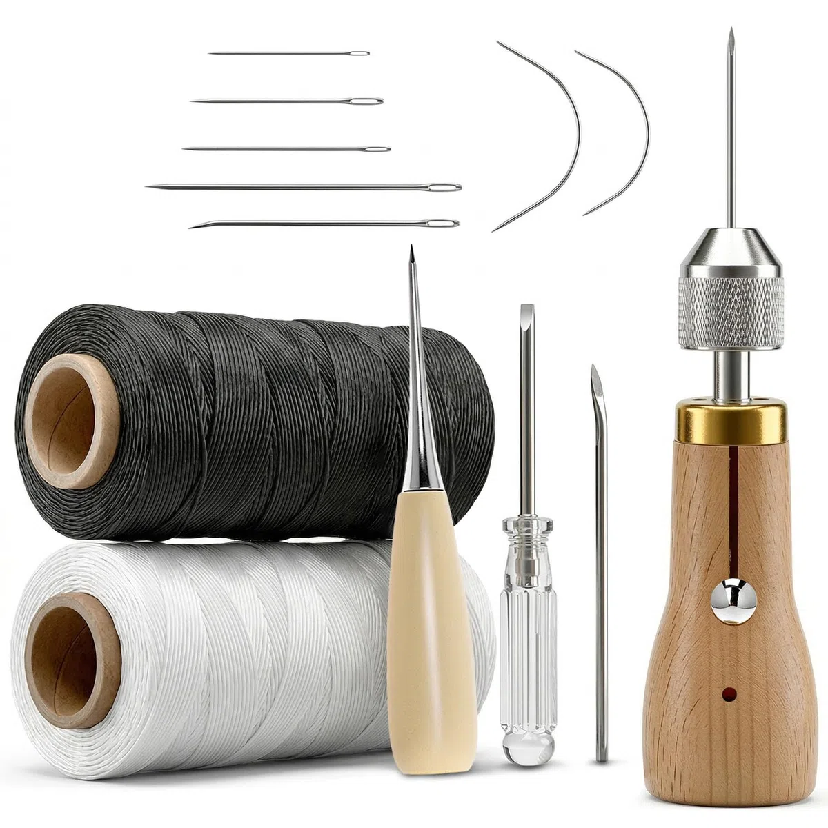 QWORK® Kit da Cucito in Pelle Set 12 pezzi con 200 m Filo Cerato e 7 Aghi- Perfetto per Riparazioni e Progetti Fai da Te