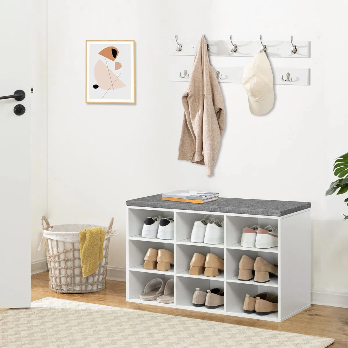 HOOBRO Panca Scarpiera, 80 x 30 x 48 cm, Panca Contenitore con Scomparti Aperti, Portaoggetti, Seduta Imbottita, Stabile, per Ingresso, Corridoio, Camera da Letto, Bianco EWT89HX01