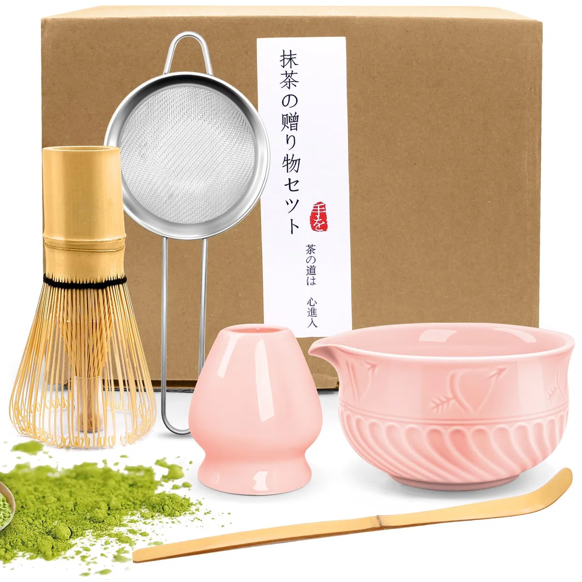 5 pezzi Matcha Kit, Set da tè Giapponese Premium, con Frusta Matcha in Bambù Cucchiaio Ciotola e Supporto, Set Matcha per Gli Amanti del tè(Rosa)