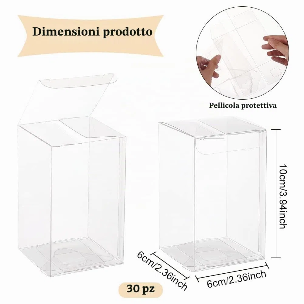 BENECREAT 30 Pezzi Scatola Trasparente di Imballaggio in PVC Plastica 6x6x10cm Contenitore Regalo in Pellicola AntiGraffio Contenitore di Cioccolato Dolce per Matrimonio Festa Compleanno
